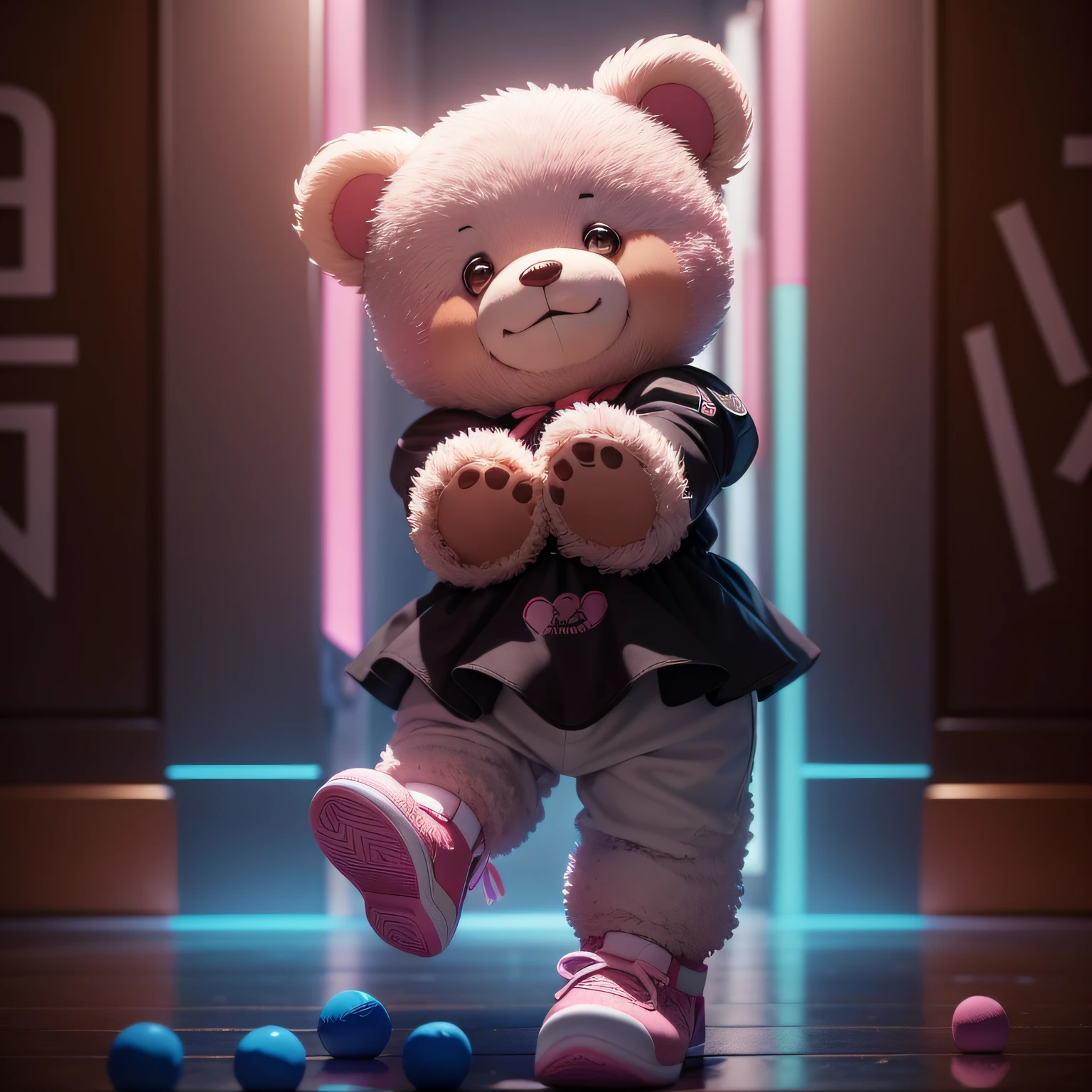 cute teddy bear smiling wearing white pants and pink sneakers