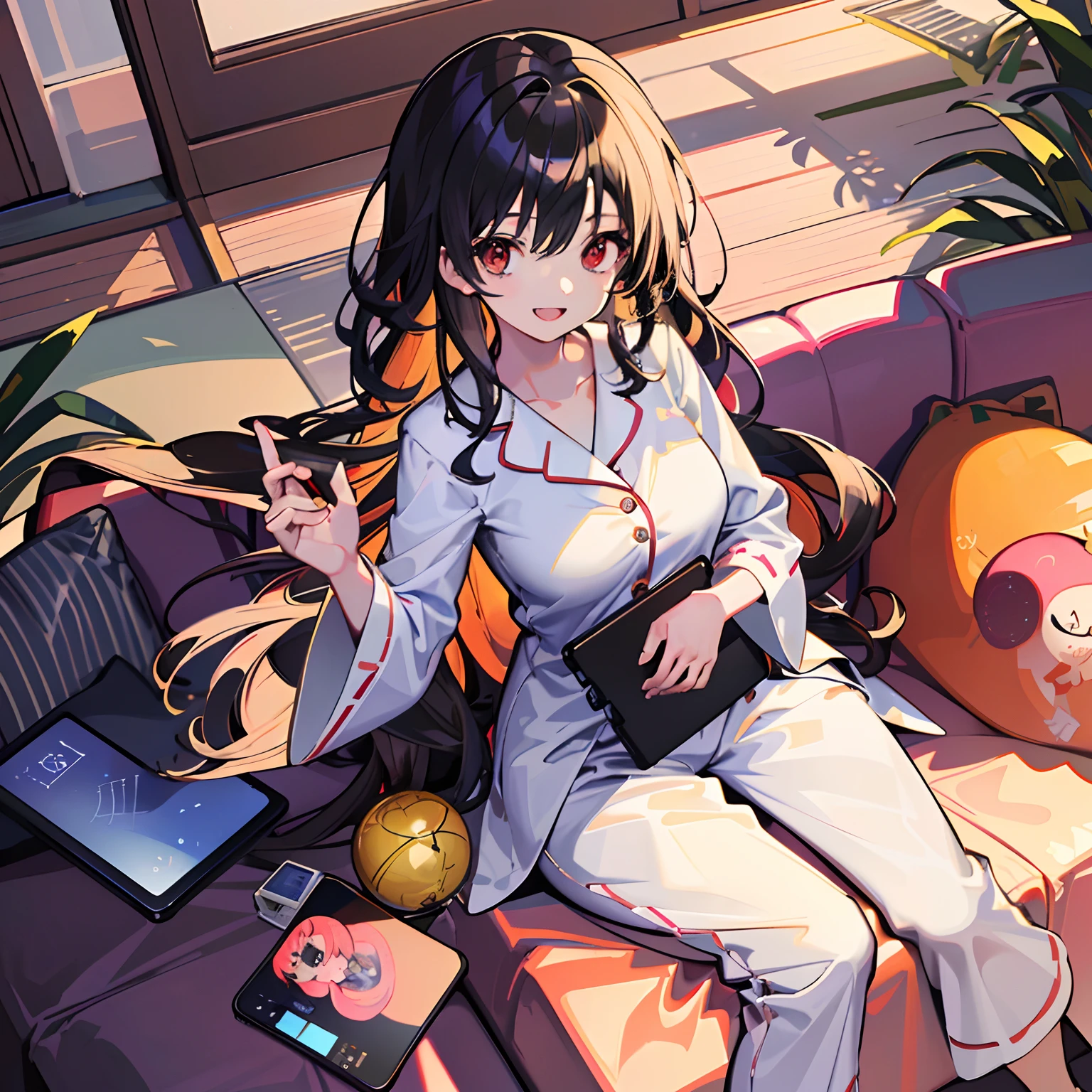 (:D:1.2),One girl. (masutepiece, of the highest quality, Kyoto animation style illustration, of the highest quality, offcial art, Aesthetics, Beautiful details, :1. 2), Break, ( girl), Very detailed, Extremely colorful, highest details, Break, (Medium breasts),(Red eyes:1.2),(Girl, Cute, Graceful, Black hair,long whitr hair,tareme, glistning skin, (pyjamas),From the angle from below,adorable smile,Holding a tablet in your arms,(sitting in the couch),Modern home,
