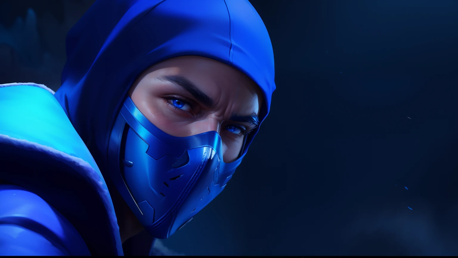 (highly detailed) (best quality) Sub-Zero from Mortal Kombat wearing blue and a blue mask,  blue eyes, ice cave