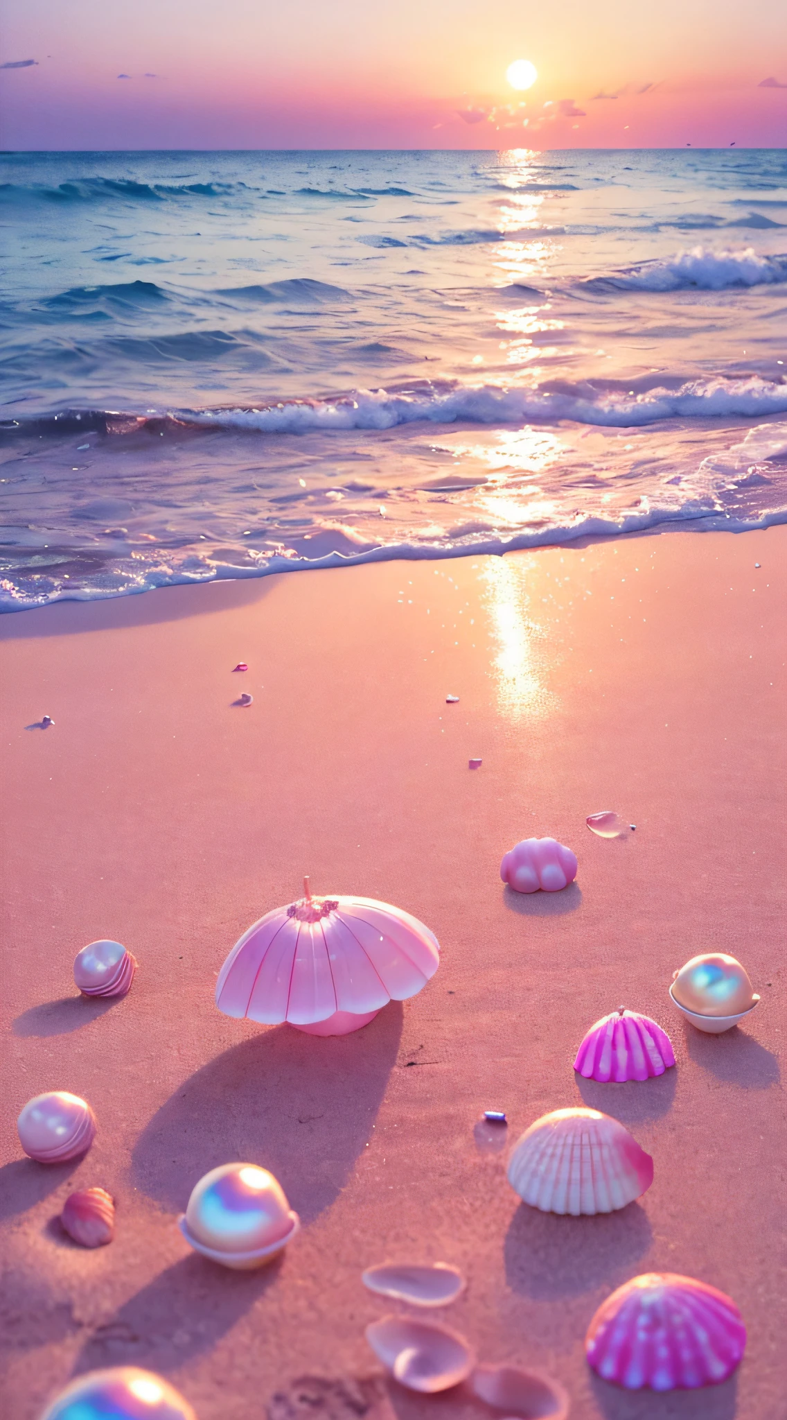 (8K, RAW photo, Best quality, masutepiece: 1.2), (Realistic, Realistic: 1.37) There are pink shells on the beach, there are waters, Pearlescent, pearls and shells, Soft spill, pearls, Pink jellyfish are everywhere, Soft 3D rendering, Ethereal bubbles, Bubble landscape, Elay shader, pastel pink, Pink reflections, Pearl Sky, shells, Paradise pink, Pastel colors, Pink pastels,