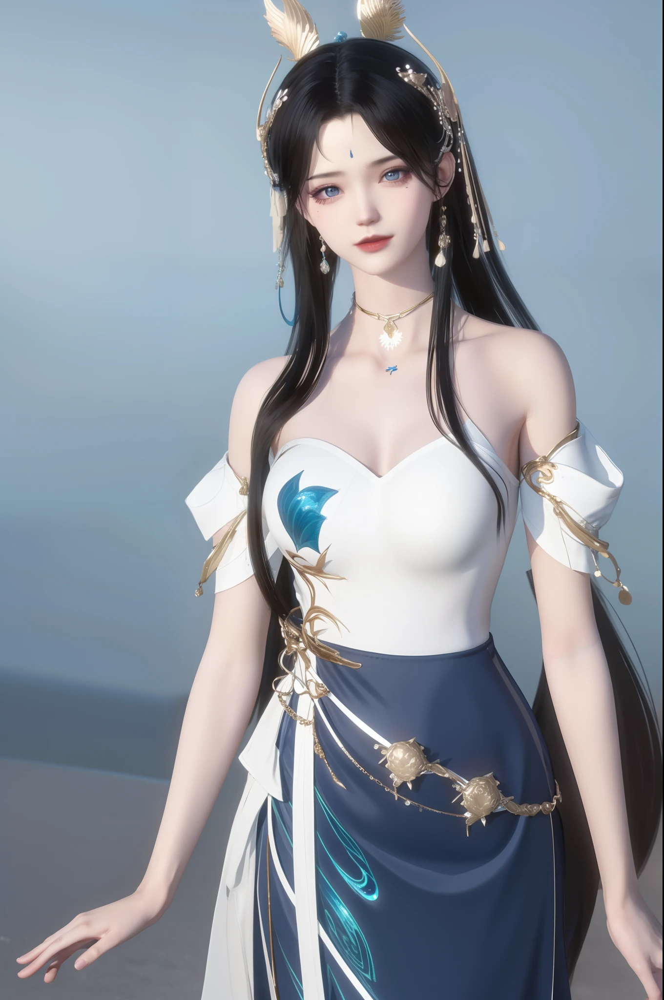 (best qualtiy,tmasterpiece:1.2),超高分辨率,realisticlying,Front lighting,Complicated details,Exquisitedetailsandtextures,(1girll),独奏,The upper part of the body,Blue Hanfu,Petal pattern,Nice big eyes,a blue dress,beauitful face,facing to audience,Streamers,gossamer,(年轻),Facial highlights,Detal Face,tear-mole,white skinned,Silvery hair,High ponytail,looking at viewert,largeeyes,(Openwork pattern),耳Nipple Ring,slimfigure,white backgrounid,correct hand,profesional lighting,photon maping,Radio City,physically-based renderingt