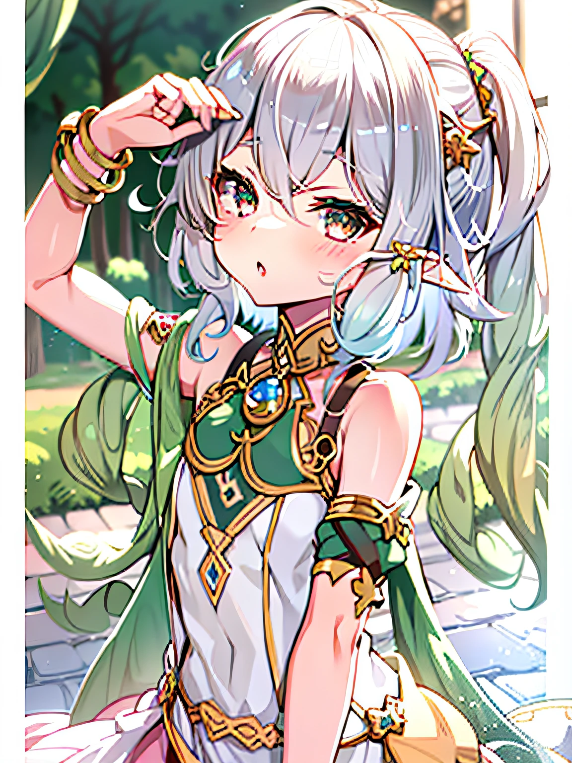 Anime girl posing for photo with long hair and green eyes, shadowverse style, alluring elf princess knight, cute anime waifu in a nice dress, Anime goddess, Ayaka Genshin impact, Keqing from Genshin Impact, Elf Girl, she has elf ears and gold eyes, beautiful fantasy anime, anime visual of a cute girl, High Quality Anime Art Style