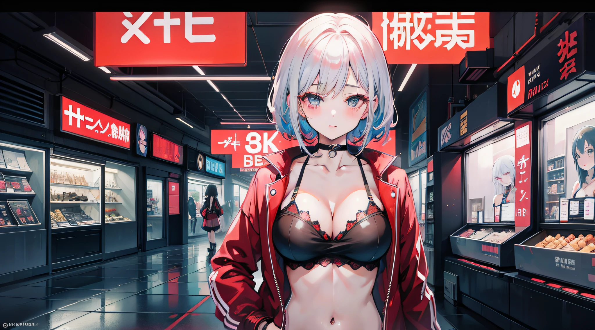 anime girl in a black bra top and red jacket standing in a city, seductive anime girl, oppai cyberpunk, anime moe artstyle, attractive anime girl, anime style. 8k, cyberpunk anime girl, kantai collection style, anime style 4 k, biomechanical oppai, anime waifu, ecchi anime style, oppai, modern cyberpunk anime