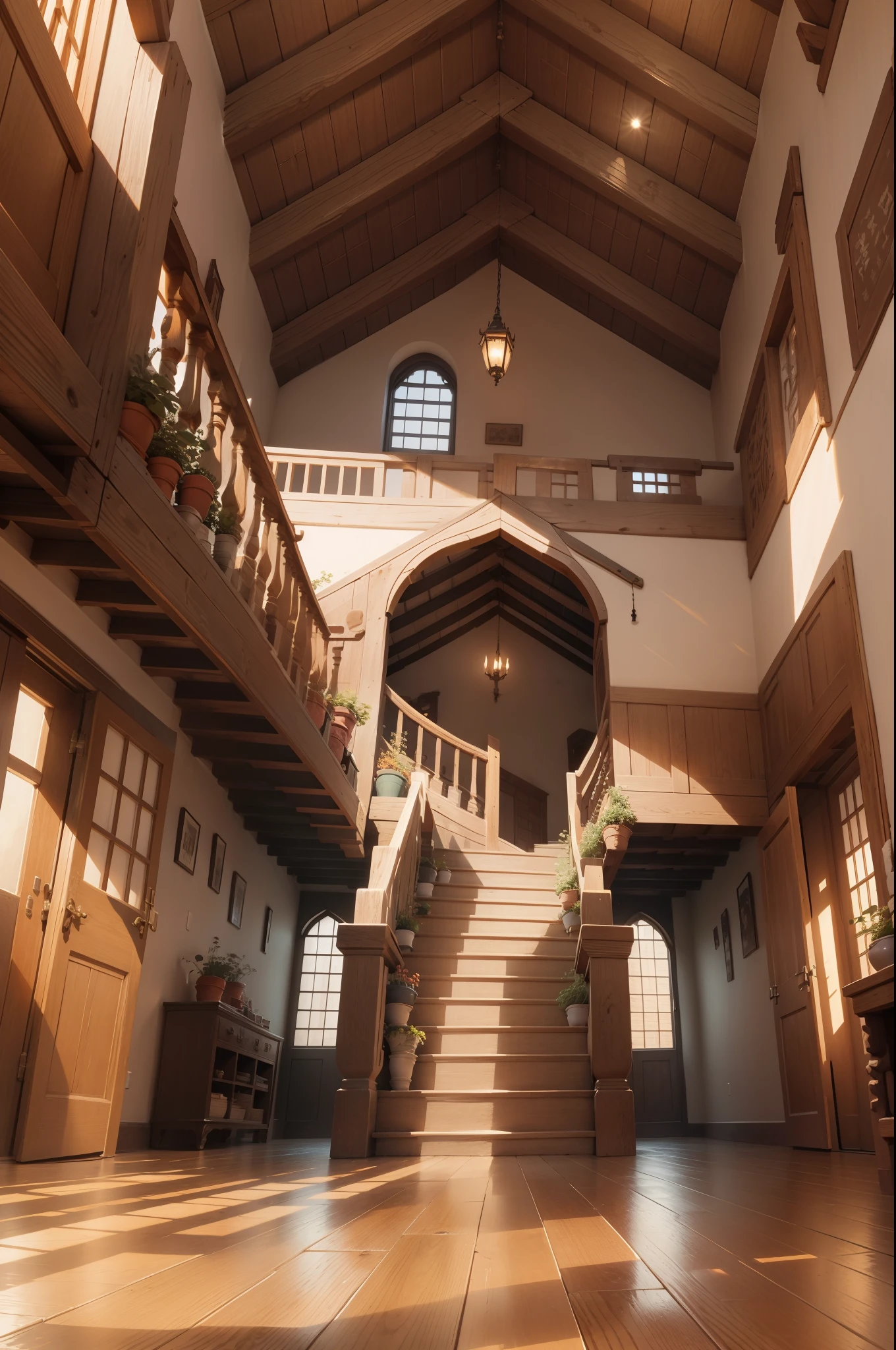 Buildings with wooden beams, View from a little below, View from below, Looking at the ceiling, Buttress, liang, Wooden support, View Up, interior view, 、Illuminated from below, Guibli、Made of stone and wood、hiquality、medieval times、spiraling staircase、stairway、Western style、Italian style、Salon