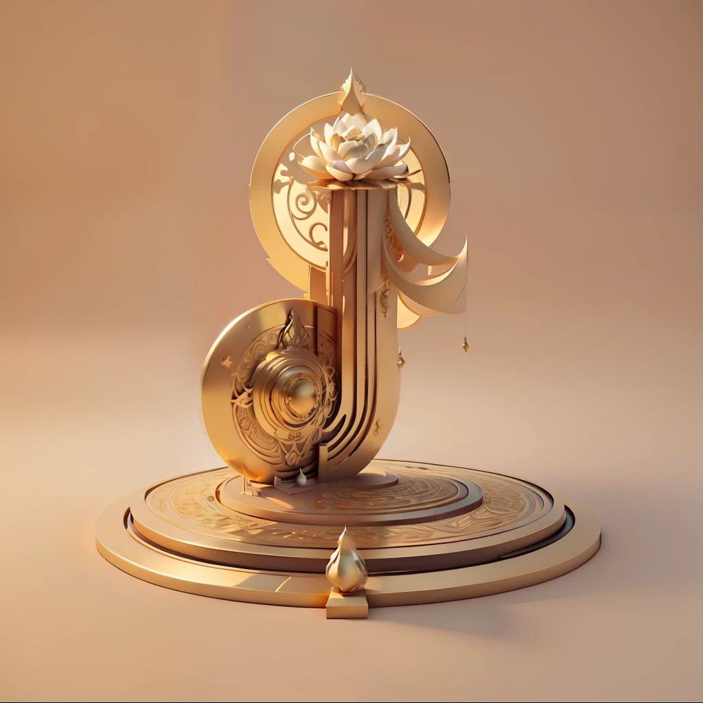 Sculpture made of delicate gold，Gold and white，There are lotus flowers on the ground，Stylized 3D,rendering by octane