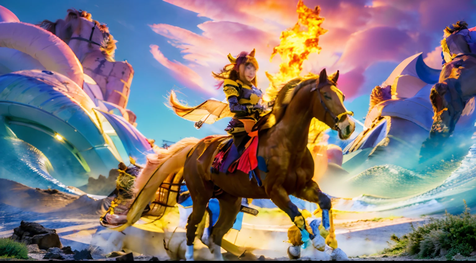 8 horses，Ultra-grand scenes，super wide shot，1#Horse one o'clock Pegasus，2#Horse: Three o'clock elf dragon horse，3#Horse nine o'clock unicorn，4#Horse four o'clock mechanical horse，5#Horse prime point wind elf horse，6#Ma had a nightmare at seven o'clock，7#Dial center knight，8#The horse randomly enters the chaos horse。In a large herd of horses，Extremely special and rare eight horses surround each other，Gallop across the steppe like a clock。The vast plains of the epic scene are rich in aquatic plants，In the distance is the snow-capped summit of Mount Everest，Snow creek flows into the sea，At the other end is the magnificent giant city，The horse team entered and exited from the city gate。
The Lightcast Pegasus from the Supreme Heaven has a rainbow aperture from the Supreme Heaven，She rides between light and pure，No additional ornaments are needed to highlight her dignity and holiness，Even the sky showed her a clear sky，She has a deep enmity with the nightmare heavy ride from hell，The two never put their heads next to each other，Surrounded by sulphurous flames, the Hellmare Heavy Ride makes every time a horse's hooves fall, stepping flat grass out of the lava from the ground，The sky in the steppe is brighter，It makes the earth deeper。
The wind wings of the wind elf horse let its position be erratic，She carries a cyan aperture lightly and always can't help but tease the mechanical horse，The mechanical horse is full of mecha beauty，The shoulder back position always reveals delicate mechanical fittings，Four kicks with a hydraulic pump and electromagnetic ejection device。
Unicorns want to steal all horses from their pure and flawless beauty，But on the side, the fairy dragon horse is comparing with it，Their unique elven-patterned armor and colorful saddles make them the most stylish horses。
The female knight is charging on her knightly warhorse，Her lofty ideals made her will unstoppable，There is no doubt that she is the protagonist of this picture。And a chaotic horse from uncha