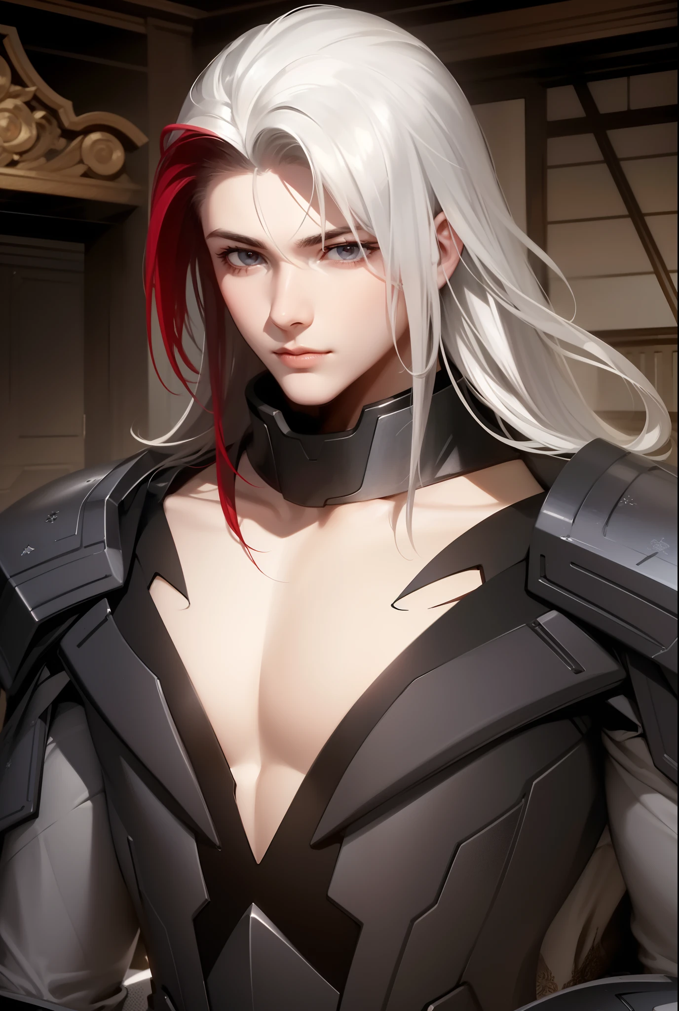 Attractive profile picture, masterpiece, ultra-precise rendering, beautiful and cool young man, trustworthy, dependable young man, savior of the world, simple design, most beautiful image, 4K, silver hair, light purpel eyes, black armor.