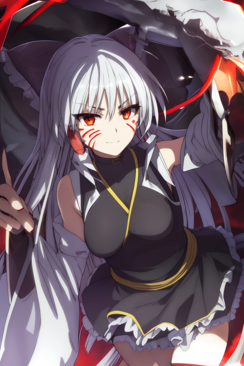 simple background,(((looking at viewer))),standing,staring straight,1girl,(((intricate iris, white hair,redeyes,))),evil smile,black jacket,leotard,inner glowing eyes,reinforce, 1girl,(((silver hair,red facepainting,evil smile))),cowboy shot,hakurei reimu, mahou shoujo lyrical nanoha, black ascot, black hair tubes, black miko detached sleeves,