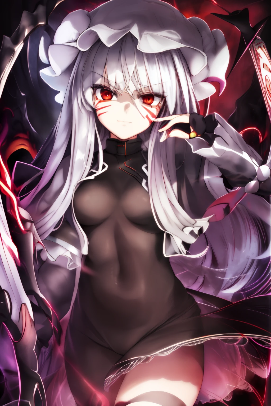 simple background,looking at viewer,standing,staring straight,1girl,(((intricate iris, white hair,redeyes,))),evil smile,black jacket,leotard,inner glowing eyes,reinforce, 1girl,(((silver hair,red facepainting))),cowboy shot,patchouli knowledge, mahou shoujo lyrical nanoha,((((black mob cap)))