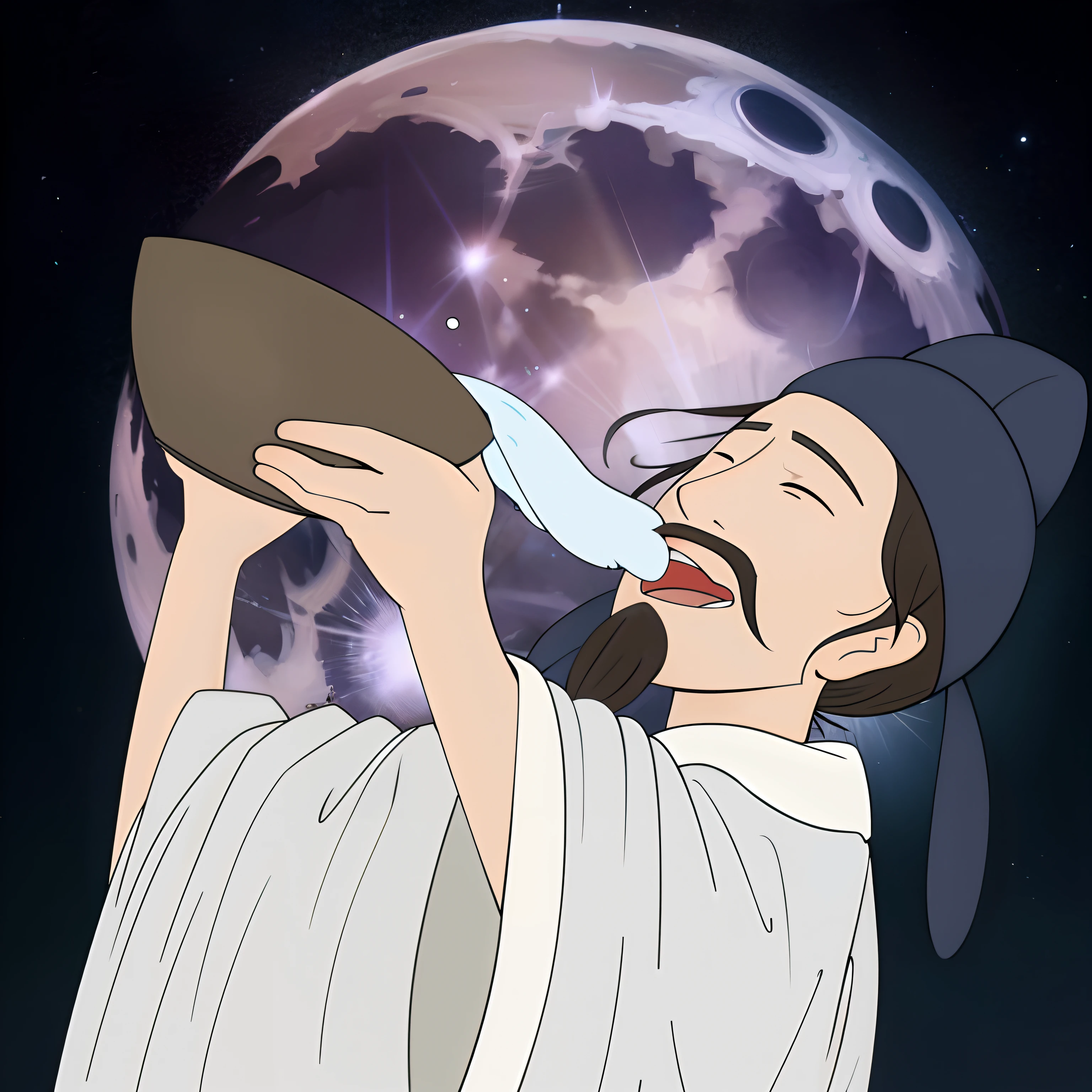 The man in the white robe held a large bowl and drank,The man laughed and drank,In the background is a round of a large moon, god of moon, inspired by Wu Daozi, inspired by Yoshitoshi ABe, the moon cast on the man, Akira in Chinese mythology, Inspired by Cao Zhibai, Japanese animation style, ninja scroll anime style, inspired by Chen Daofu