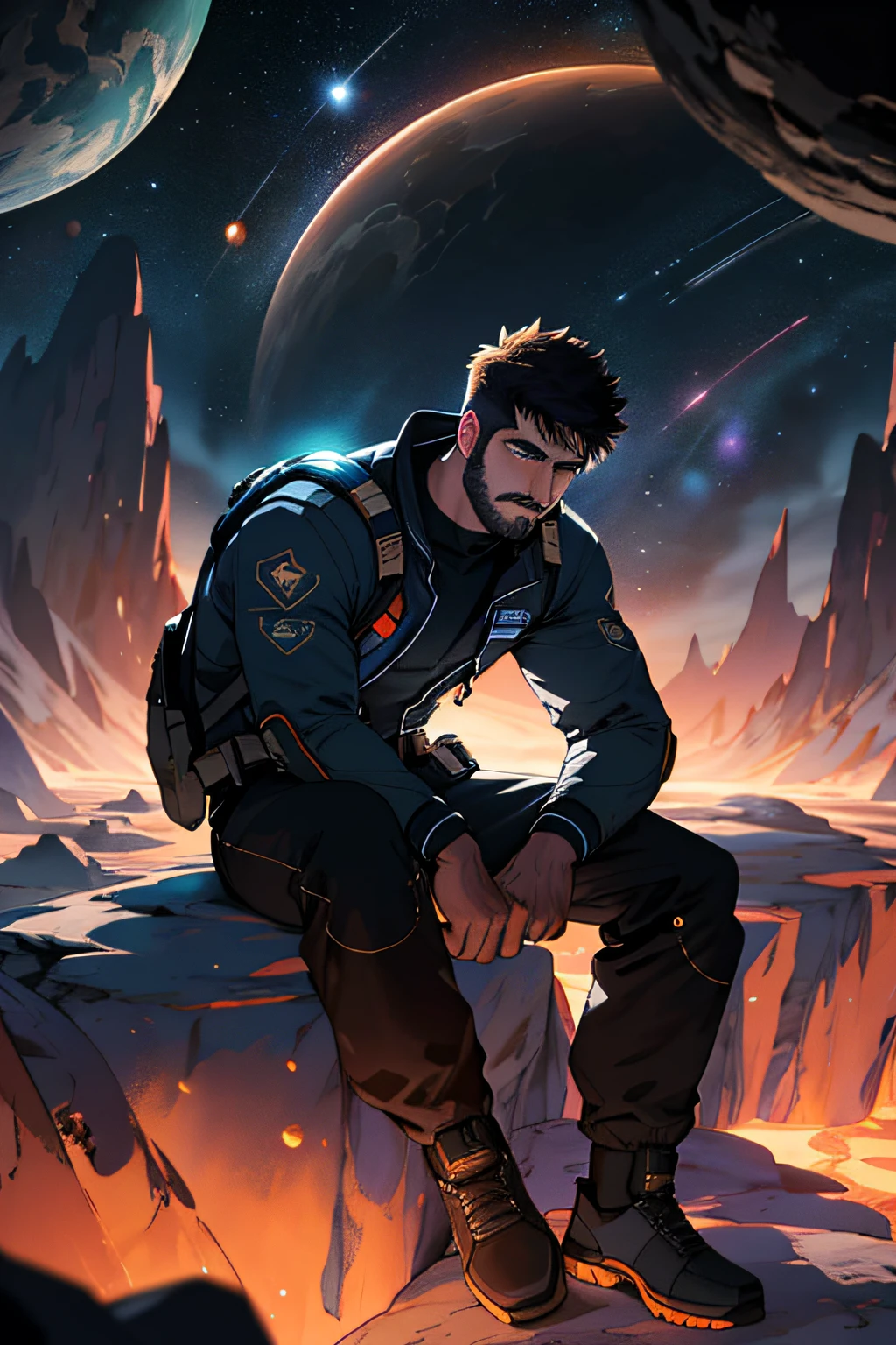 Draw a young programmer, sitting on a research platform floating in the middle of an asteroid belt. He is studying with a notebook, surrounded by several asteroids glowing with fiery auras. Dramatic lighting from distant stars and planets illuminates the scene, casting deep shadows on the suit. The young man looks confident and determined, looking at the vast and mysterious universe with wonder and respect,facial hair, cowboy shot,