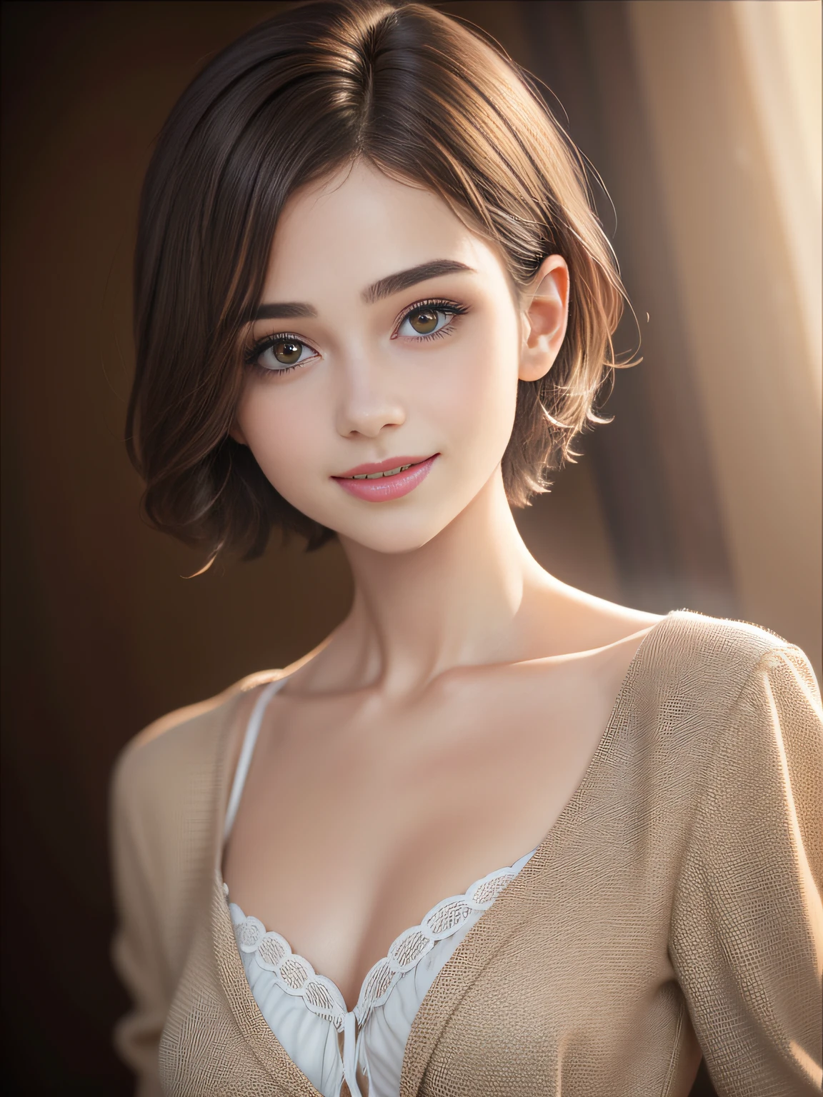 Real, Photo, {Realistic}, {incredibly_absurderes}, Bust, Transparent_Background：2.5, {Girl}, Short hair, Brown hair, Cute face, Light smile, Beautiful detailed eyes, Brown eyes, Medium breasts, suit, realisticlying, Masterpiece, Best quality