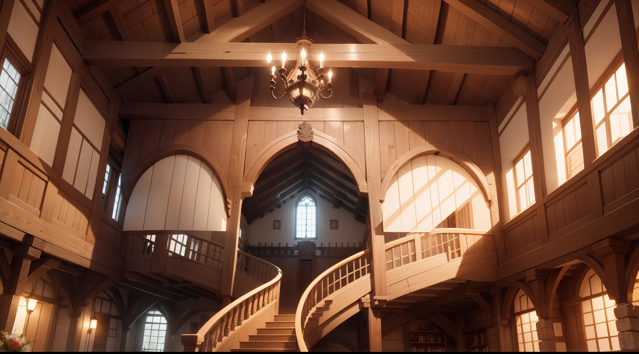 Buildings with wooden beams, View from a little below, View from below, Looking at the ceiling, Buttress, liang, Wooden support, View Up, interior view, 、Illuminated from below, Ghibli、Made of stone and wood、hiquality、medieval times、spiraling staircase、stairway、Western style、Italian style、Salon