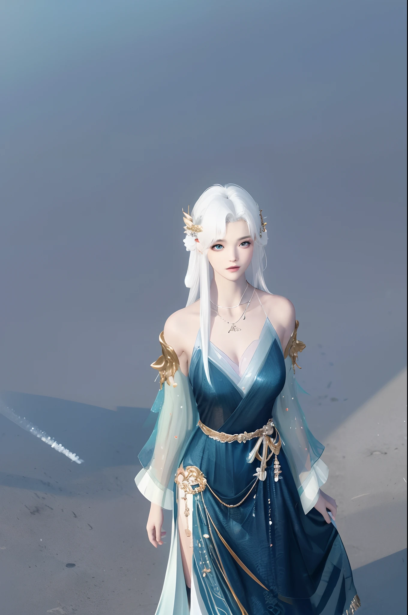 (best qualtiy,tmasterpiece:1.2),超高分辨率,realisticlying,Front lighting,Complicated details,Exquisitedetailsandtextures,(1girll),独奏,The upper part of the body,Blue Hanfu,Petal pattern,Nice big eyes,a blue dress,beauitful face,facing to audience,Streamers,gossamer,(年轻),Facial highlights,Detal Face,tear-mole,white skinned,Silvery hair,High ponytail,looking at viewert,largeeyes,(Openwork pattern),耳Nipple Ring,slimfigure,white backgrounid,correct hand,profesional lighting,photon maping,Radio City,physically-based renderingt
