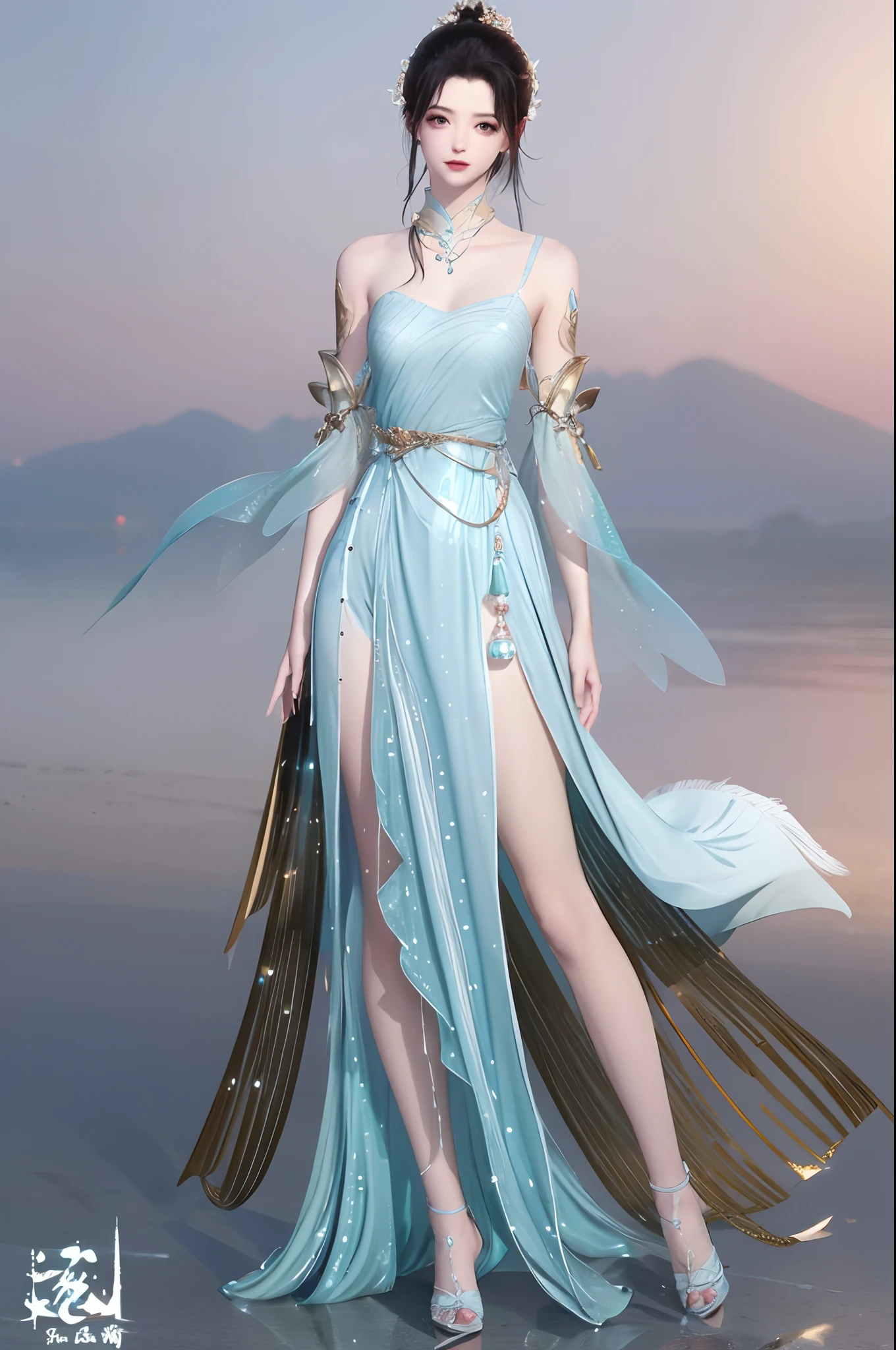 (best qualtiy,tmasterpiece:1.2),超高分辨率,realisticlying,Front lighting,Complicated details,Exquisitedetailsandtextures,(1girll),独奏,The upper part of the body,Blue Hanfu,Petal pattern,Nice big eyes,a blue dress,beauitful face,facing to audience,Streamers,gossamer,(年轻),Facial highlights,Detal Face,tear-mole,white skinned,Silvery hair,High ponytail,looking at viewert,largeeyes,(Openwork pattern),耳Nipple Ring,slimfigure,white backgrounid,correct hand,profesional lighting,photon maping,Radio City,physically-based renderingt