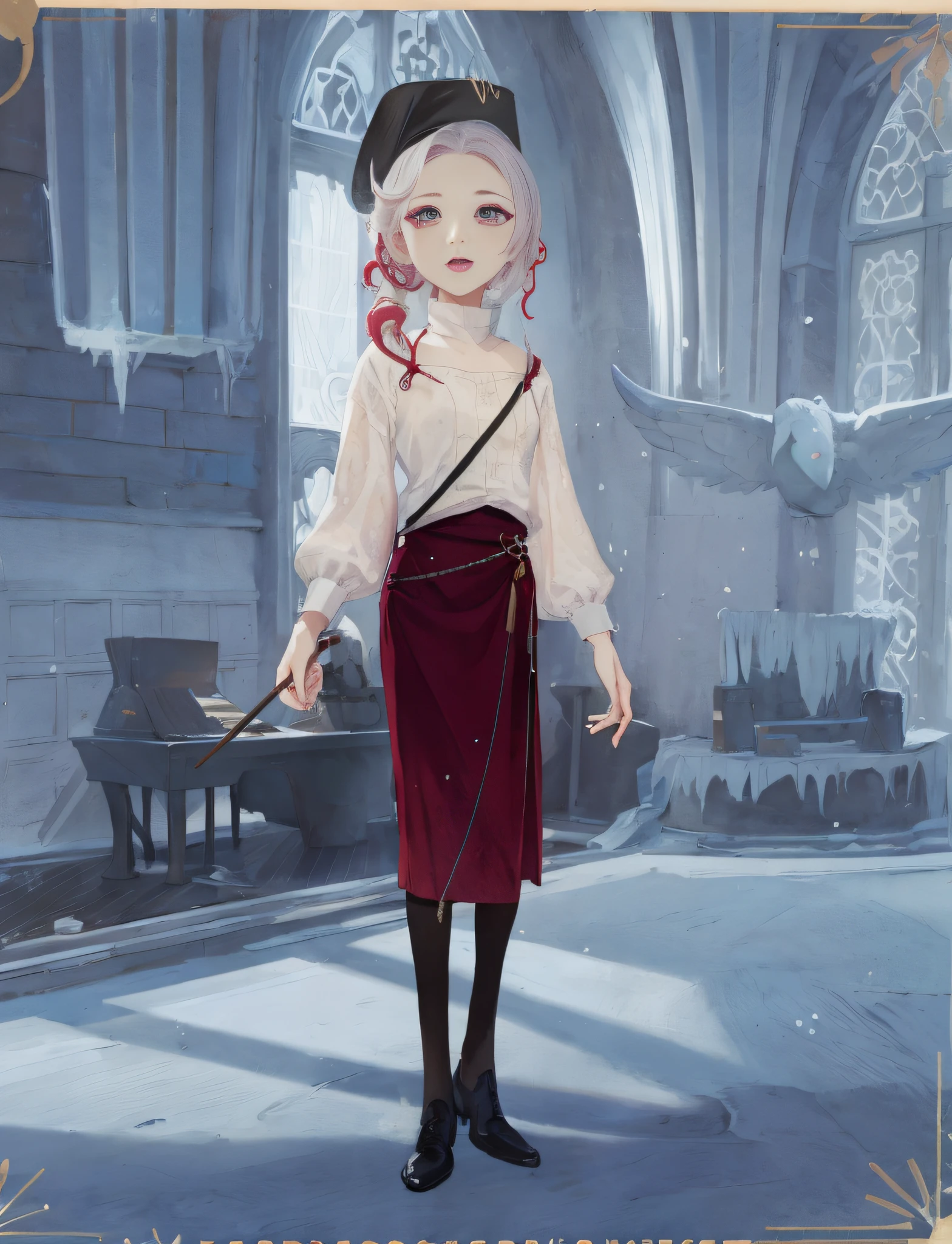 There is a cartoon drawing of a woman in a white top and a red skirt, Fantasy costumes, Hogwarts Style, It's ice-cold! 🧊, Songs inspired by Lü Ji, Inspired by Hermione Hammond, Magic School Uniform, Fantasy style clothing, dressed with long fluent clothes, Dressed like a priest, She is in the potion workshop, Inspired by Emma Ríos, High Quality, I want clear eyes,