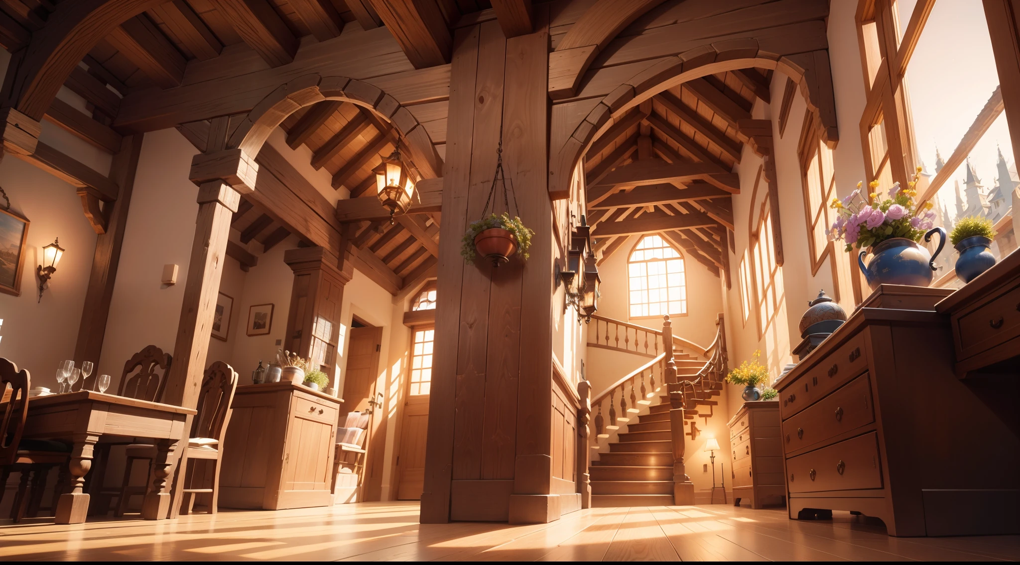 Buildings with wooden beams, View from a little below, View from below, Looking at the ceiling, Buttress, liang, Wooden support, View Up, interior view, 、Illuminated from below, Ghibli、Made of stone and wood、hiquality、medieval times、spiraling staircase、stairway、Western style、Italian style、Salon