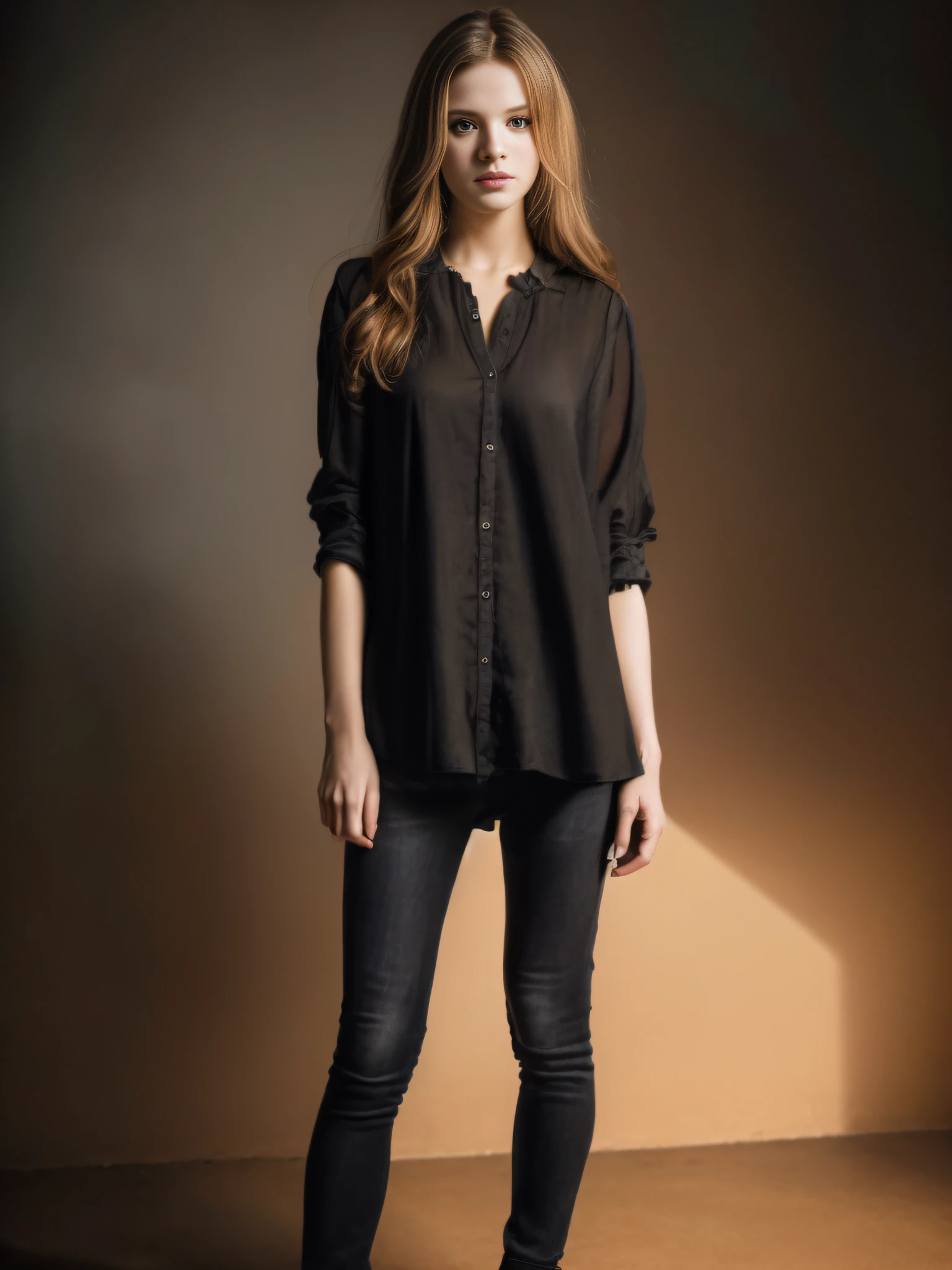 full body, Portrait of an 25 year old cute beautiful perfect face petit teen, Russian, (dark private study, dark and moody light: 1.2)