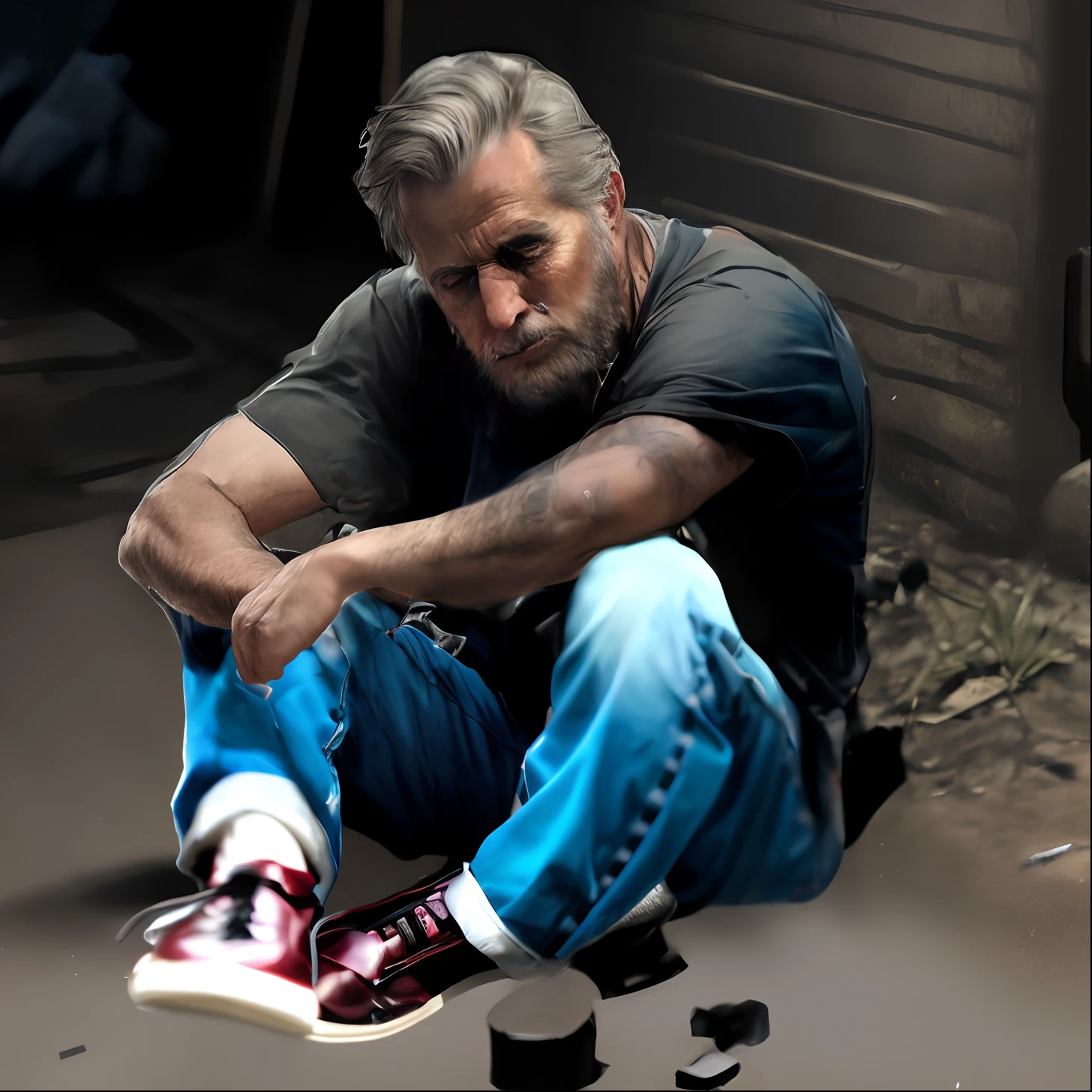 photo of a man sitting on the ground with his arms resting on his bent legs, cyberpunk homeless, james gurney painting style, donald trump as a homeless man, digitally painted, digital art. photo realistic, inspired by James Gurney, highly realistic digital art, photorealistic artstyle, inspired by Peter Rockwell, very realistic digital art, cyberpunk old man, photorealistic digital painting