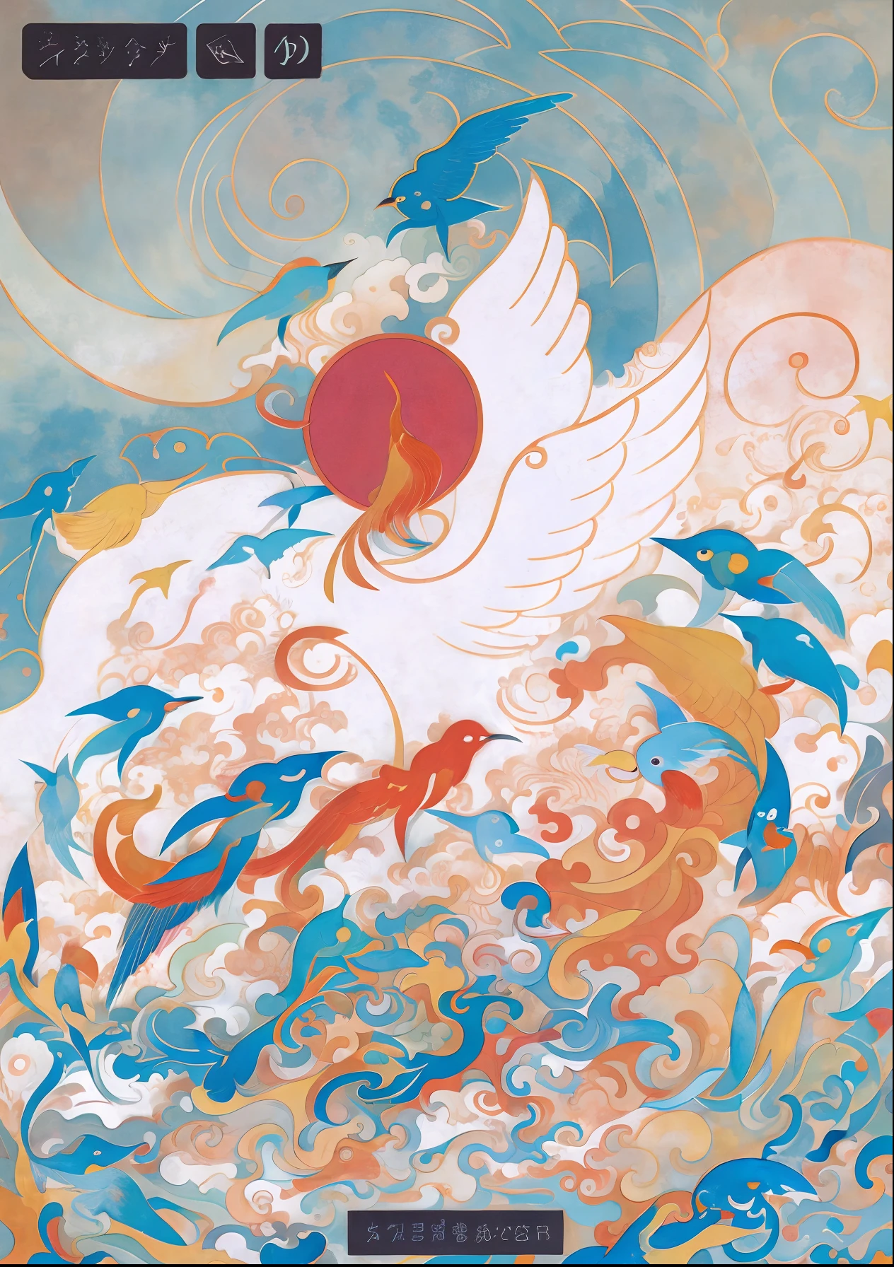 There is a bird flying over the waves of a red sun, an illustration of inspired by Victo Ngai, victo ngai! cmyk palette, victo ngai style, botticelli and victo ngai, victo ngai fine texture, victo ngai and surrealism, victo ngai! pastel colour, brittney lee