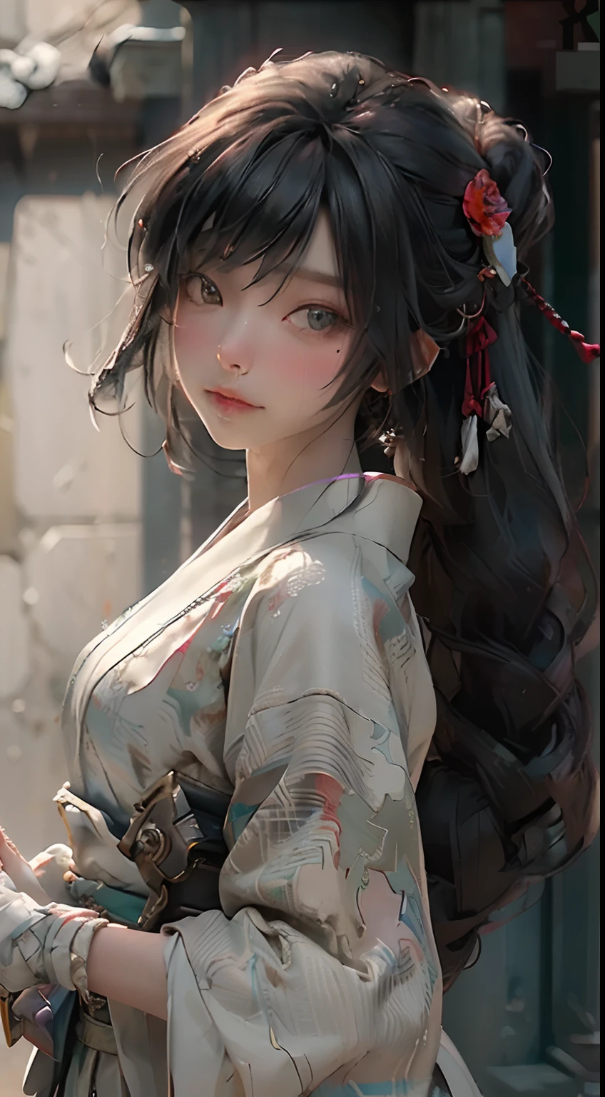 ((top-quality)), ((masterpiece)), (detaileds:1.4), 3D, The image of a beautiful Japan woman,nffsw(HighDynamicRange),Ray traching,NVIDIA RTX,Hyper-Resolution,Unreal 5,Sub-surface scattering,PBR Texturing,Postprocess,Anisotropy Filtering,depth of fields,Maximum clarity and sharpness,multi-layer texture,Albedo and specular maps,Surface Shading,Accurate simulation of light-material interactions,perfectly proportions,Octane Rendering,Two-tone lighting,Wide aperture,Low ISO、White Balance、thirds rule、8K Raw、Red ribbon on black hair、hand armor、Hakama