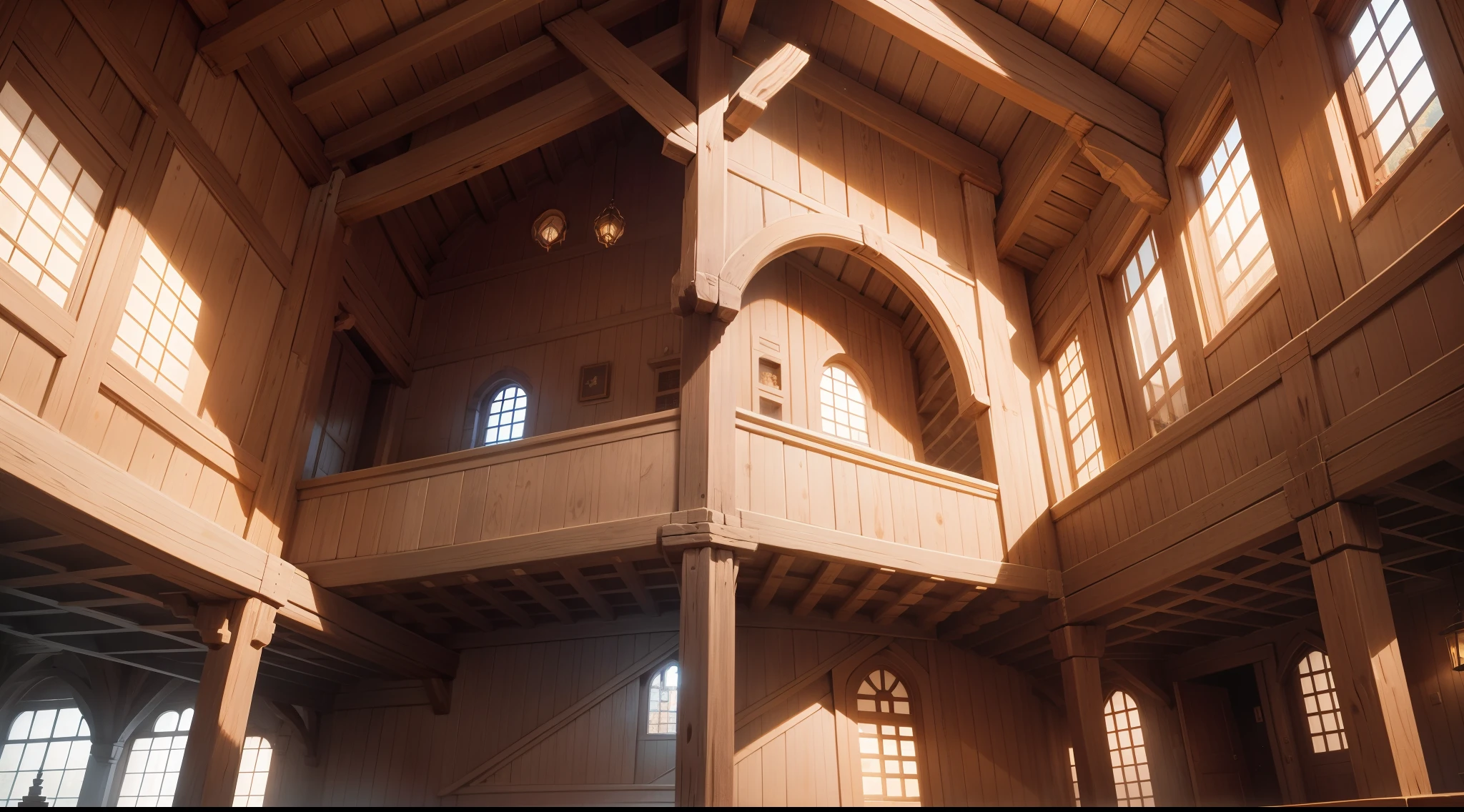 Buildings with wooden beams, View from a little below, View from below, Looking at the ceiling, Buttress, liang, Wooden support, View Up, interior view, 、Illuminated from below, Ghibli、Made of stone and wood、hiquality、medieval times、spiraling staircase、stairway、Western style、Italian style、Salon