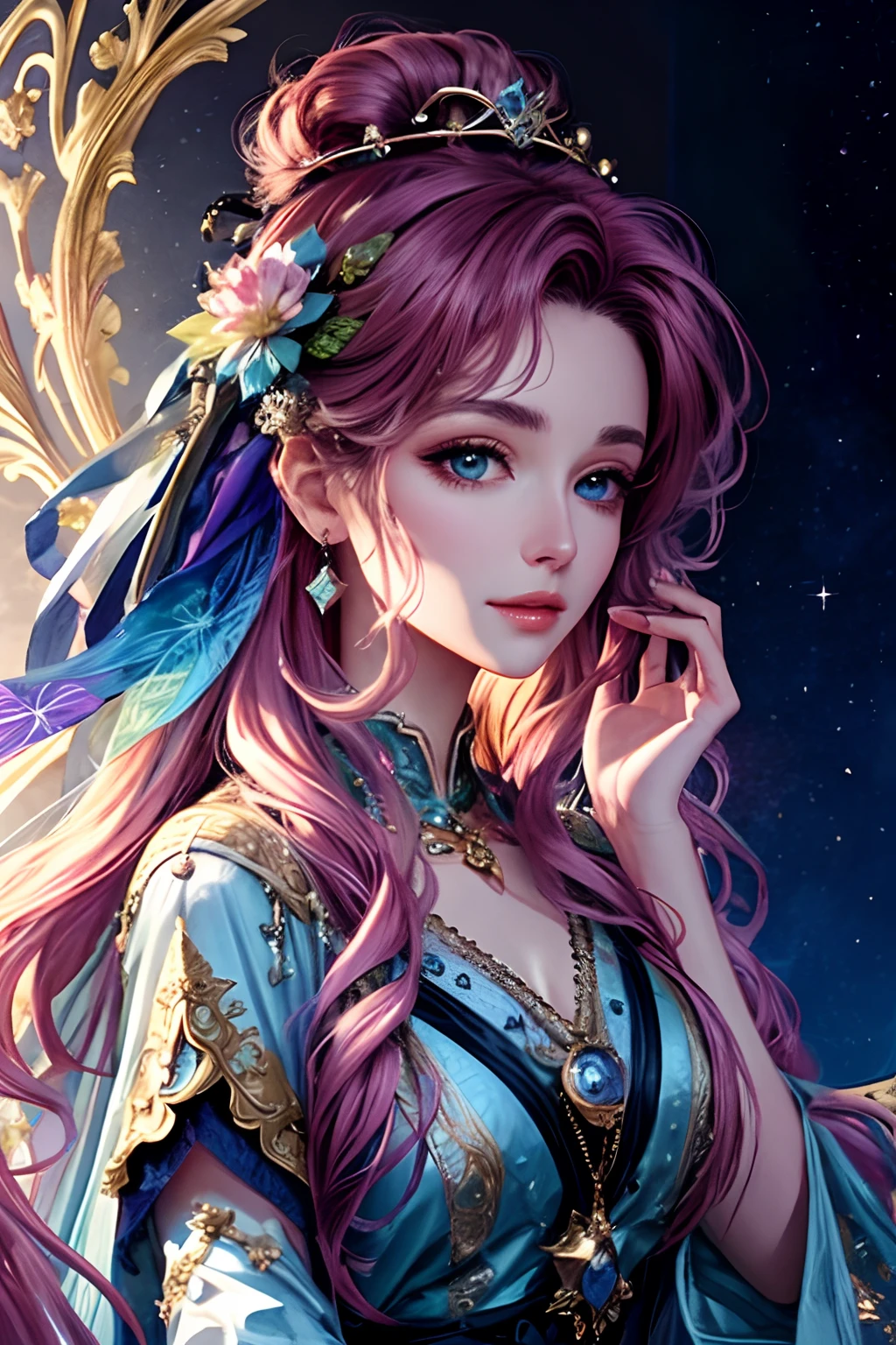 Close-up of a woman with long hair and a crown, Fantasy art style, digital fantasy art ), fantasy style art, faeries, fantasy beautiful, author：Chen Lin, Anime fantasy illustration, beautiful fantasy art, Beautiful fairy, Alice X. zhang, Fantasy art, ! Dream Artgerm, Beautiful celestial mage, portrait of a fairy, Anime fantasy artwork, Fairy