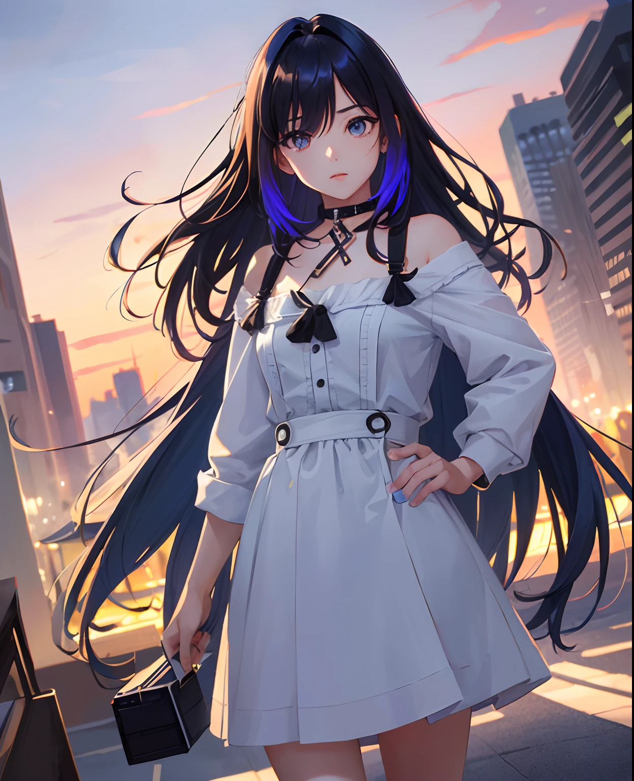 NY, (gradient hair, dutch angle:1.3), film grain, chromatic aberration, city, masterpiece, best quality, raw photo, photorealistic, absurdres, 1girl, cute, perspective, cowboy shot, highres, ultra detailed, detailed eyes and face, sharp pupils, realistic pupils, sharp focus, summer, night,