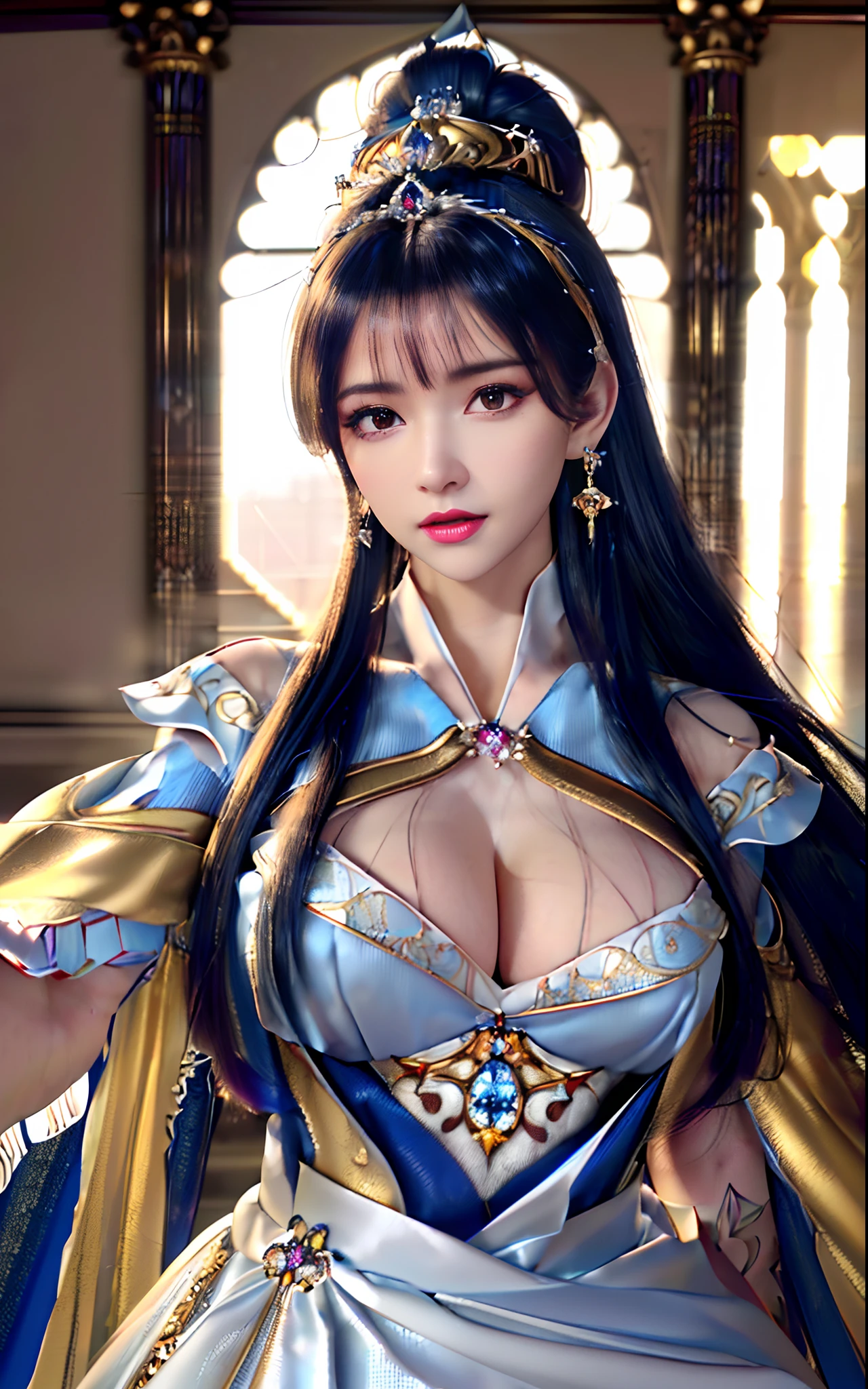 ((realisticity: 1.2)), ((realistic: 8K UHD)), ((best resolution: 8K UHD)), hyper detailed, best quality,masterpiece,highres,cg,
((1 hyper detailed and hyper realistic girl)), ((very beautiful queen dazzling, hyper realistic, and hyper detailed)),((white skin, beautiful, smooth, youthful, hyper realistic and hyper detailed
)), ((Hyper beautiful face, white, hyper realistic and hyper detailed)), long hair, ((hyper realistic and hyper detailed dress)), solo, ((hyper realistic, hyper beautiful, gorgeous and hyper detailed jewelry)), ((hyper beautiful, hyper realistic and hyper detailed dark red and golden yellow dress)),
((Hyper beautiful, hyper realistic, hyper detailed diamond filled earrings)),
((Hyper beautiful, hyper realistic and hyper detailed diamond filled hair ornament)), ((hyper beautiful upper body, hyper beautiful, hyper
realistic and hyper detailed)), ((big breasts: 2.5)),
((Hyper grand, hyper realistic and hyper detailed royal palace backgroun))
((Hyper beautiful, hyper beautiful, hyper realistic and hyper detailed hair bun)), ((hyper beautiful, hyper realistic and hyper detailed blue hair)),
candid, Photograph, high resolution, 8k,Bokeh,