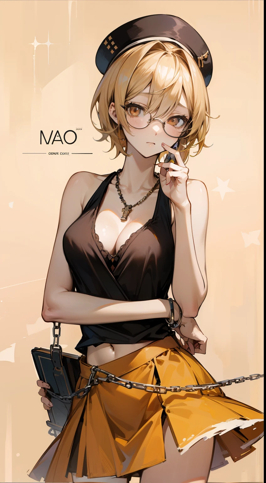 (Marco),Perfect ,don quixote \(limbus company\, Naked、Blonde hair, a beauty girl、eye glasses、middlebreasts、Short hair, hair between eye, Orange Eyes、Tank Tops、cleavage of the breast、flered skirt、a necklace、Breathless、pierced nipple、Chain scientist hat from the nipple、Basketball Hand、armor、`She has a book and a phone、(college campus )、Cowboy style、hiqcgbody
