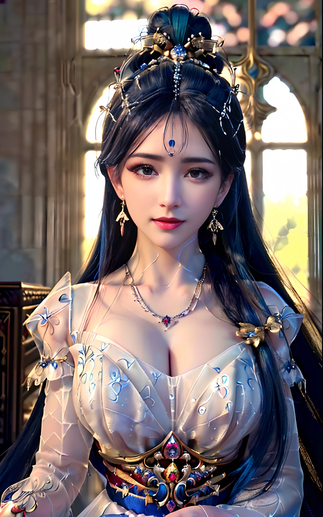 ((realisticity: 1.2)), ((realistic: 8K UHD)), ((best resolution: 8K UHD)), hyper detailed, best quality,masterpiece,highres,cg,
((1 hyper detailed and hyper realistic girl)), ((very beautiful queen dazzling, hyper realistic, and hyper detailed)),((white skin, beautiful, smooth, youthful, hyper realistic and hyper detailed
)), ((Hyper beautiful face, white, hyper realistic and hyper detailed)), long hair, ((hyper realistic and hyper detailed dress)), solo, ((hyper realistic, hyper beautiful, gorgeous and hyper detailed jewelry)), ((hyper beautiful, hyper realistic and hyper detailed dark red and golden yellow dress)),
((Hyper beautiful, hyper realistic, hyper detailed diamond filled earrings)),
((Hyper beautiful, hyper realistic and hyper detailed diamond filled hair ornament)), ((hyper beautiful upper body, hyper beautiful, hyper
realistic and hyper detailed)), ((big breasts: 2.5)),
((Hyper grand, hyper realistic and hyper detailed royal palace backgroun))
((Hyper beautiful, hyper beautiful, hyper realistic and hyper detailed hair bun)), ((hyper beautiful, hyper realistic and hyper detailed blue hair)),
candid, Photograph, high resolution, 8k,Bokeh,
