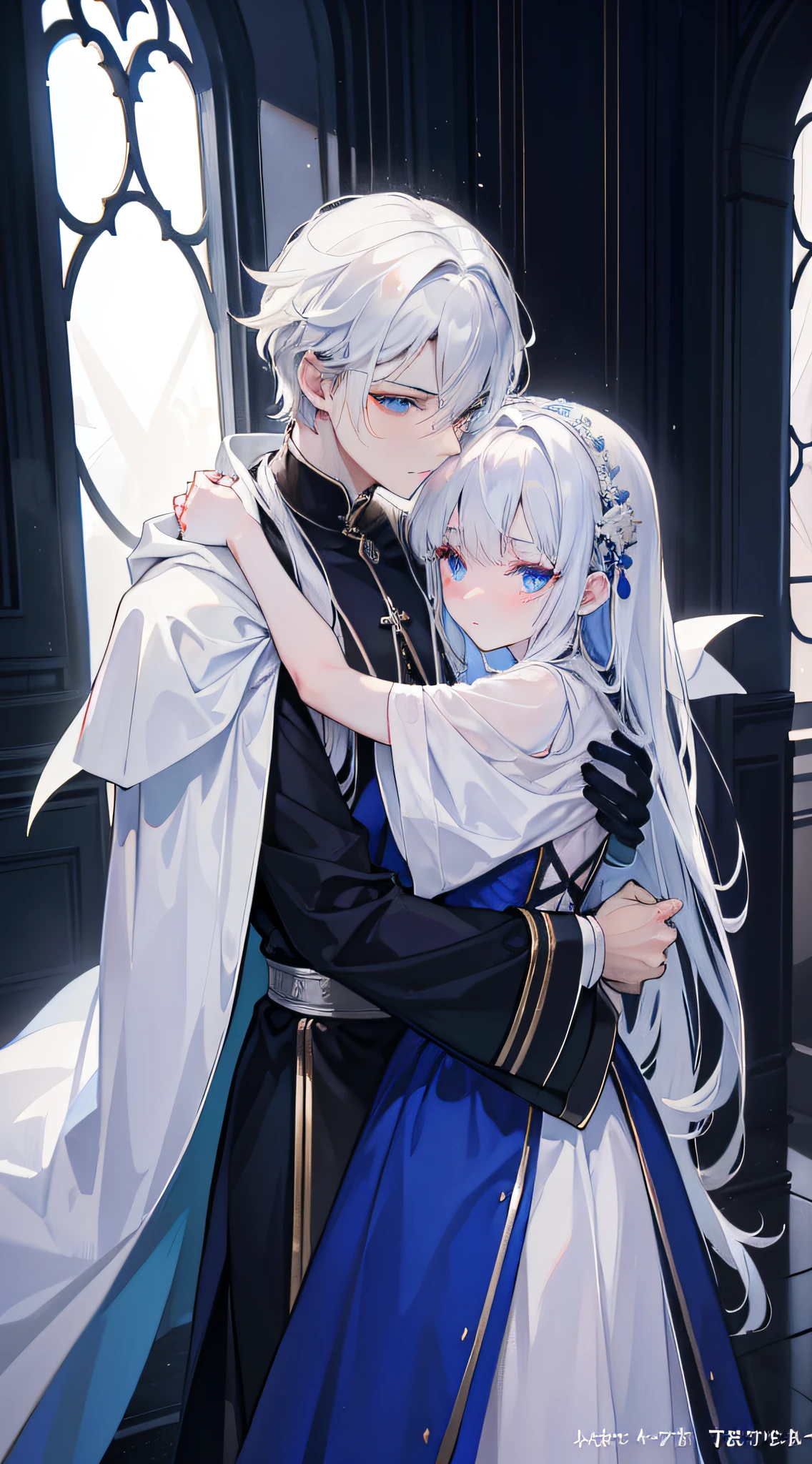 1man, sharp blue eyes with sharp pupils, white sharp hair and he was wearing black noble robes and, intimate hug and going to kiss with his lovely wife ((41 year old face))