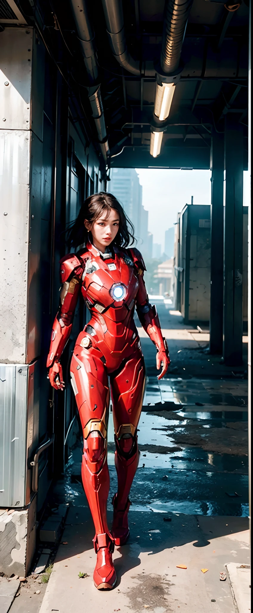 (1girl:1.3), solo,__body-parts__, official art, unity 8k wallpaper, ultra detailed, beautiful and aesthetic, beautiful, masterpiece, best quality, RAW, masterpiece, super fine photo,, best quality, super high Resolution, photorealistic, sunlight, full body portrait, stunningly beautiful,, dynamic pose, delicate face, vibrant eyes, (side view), she is wearing a futuristic Iron Man mech, red and gold, Highly detailed abandoned warehouse background, detailed face, detailed complex busy background, messy, gorgeous, milky, high detailed skin, realistic skin details, visible pores, sharp focus, volumetric fog, 8k uhd, dslr camera, High quality, film grain, fair skin, photorealism, lomography, sprawling metropolis in a futuristic dystopia, view from below, translucent