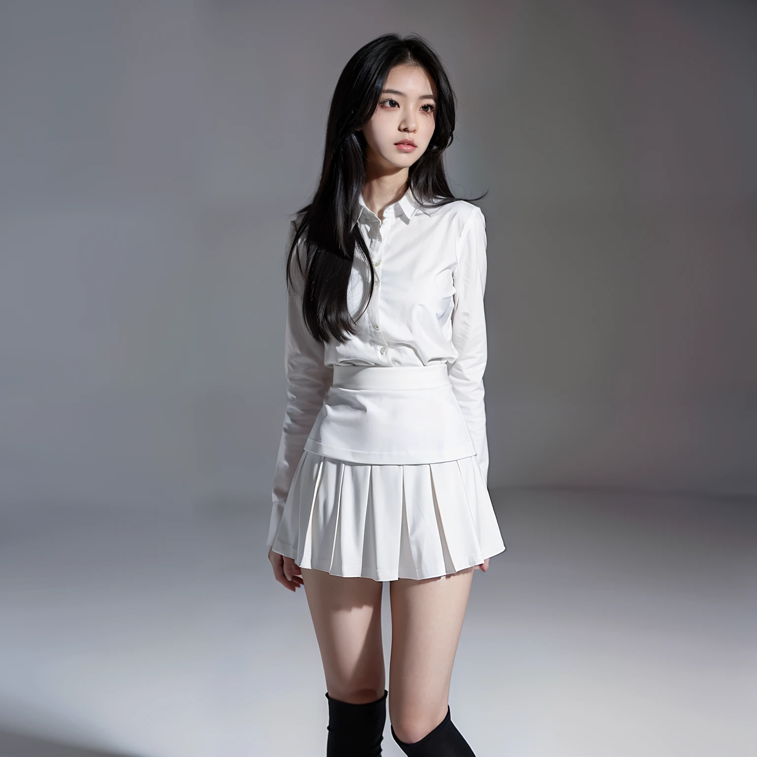 ((masterpiece, best_quality)), 1girl, (photorealistic:1.4),  solo, white_background, black_hair, long_hair,   zettai_ryouiki, skirt, ((full_body)),