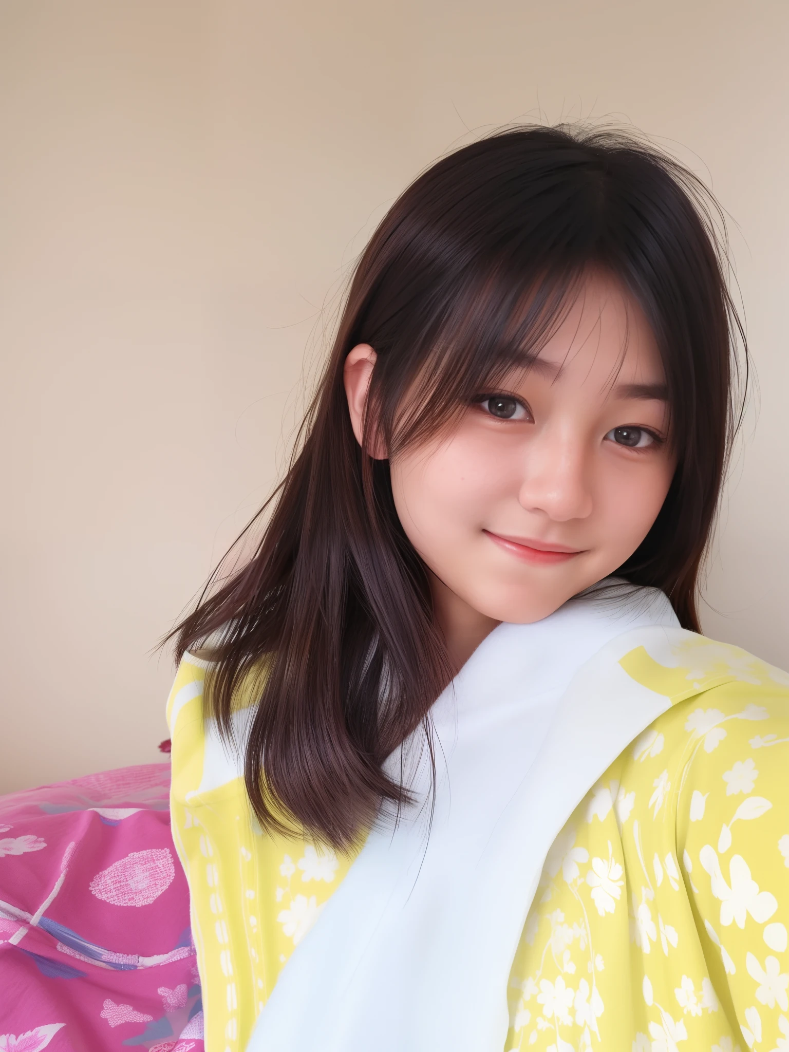 A cute teenage girl taking a photo of herself, sunlight shining on her, realistic, lookalike, look alike, realistic face, dimple