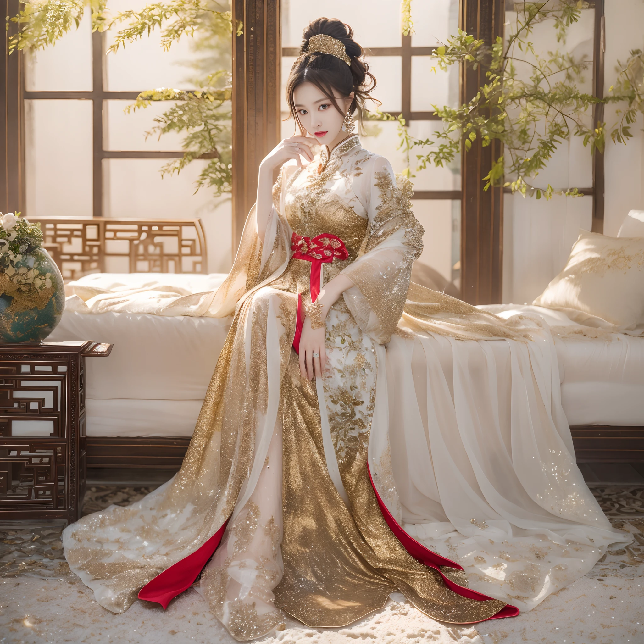 Best image quality，Highest high resolution，massive detail，A Han girl，Elegant and dignified posture，exquisite facial features，Bandeau Dress，Luxurious gold embroidery，Over-length skirt，white Heels，Chinese-style coiled hair，Stand in a brightly lit room，Full body photo。