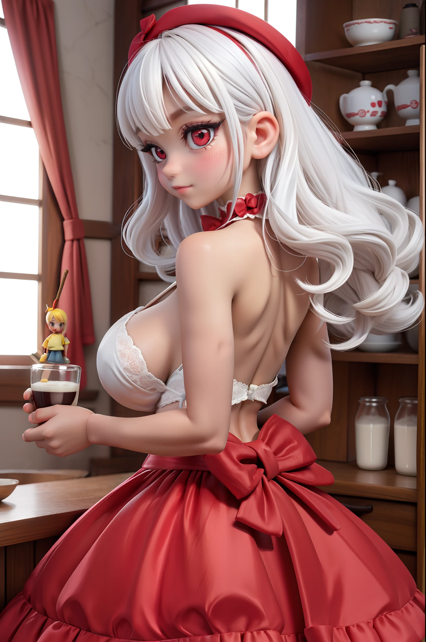 One ,Turn Back,adolable,long white hair,Lori huge breasts cleavage,red color eyes,Turn your back,bit girl,chiquita,Milk dolls