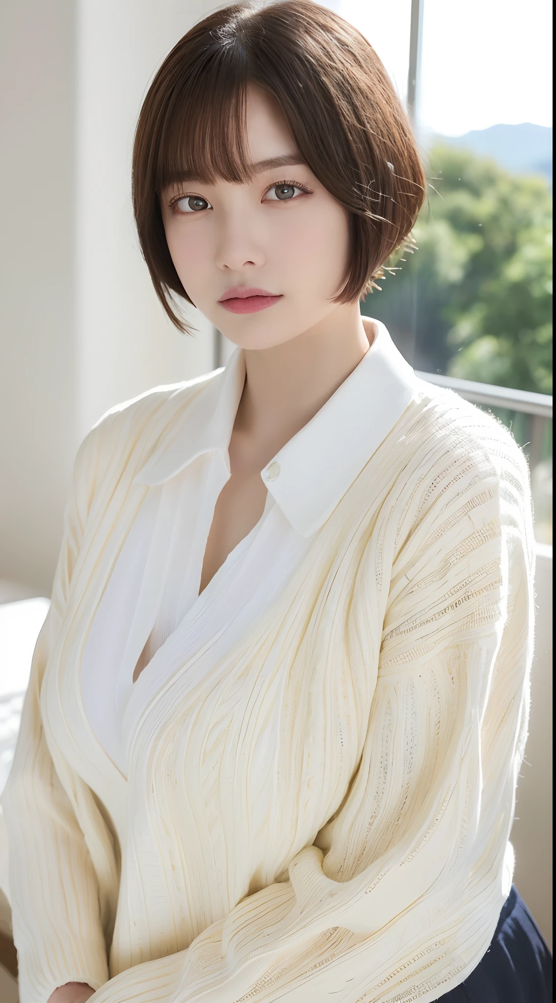 ((top-quality、8K、masterpiece:1.3))、Detail Women:1.3、(Medium short hair、Colossal tits:1.3)、Cardigan:1.1、ultra -detail、the detail、eyelid