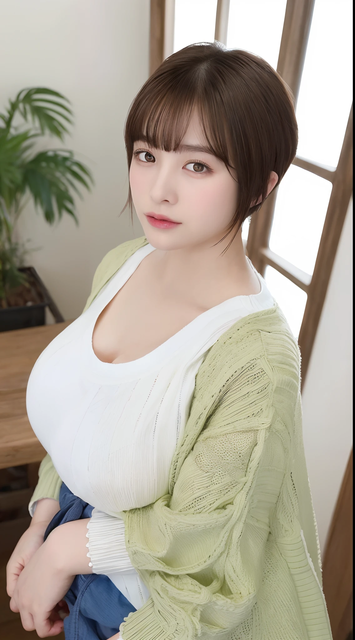 ((top-quality、8K、​masterpiece:1.3))、Detail Women:1.3、(Medium short hair、Colossal tits:1.3)、Cardigan:1.1、ultra -detail、the detail、eyelid