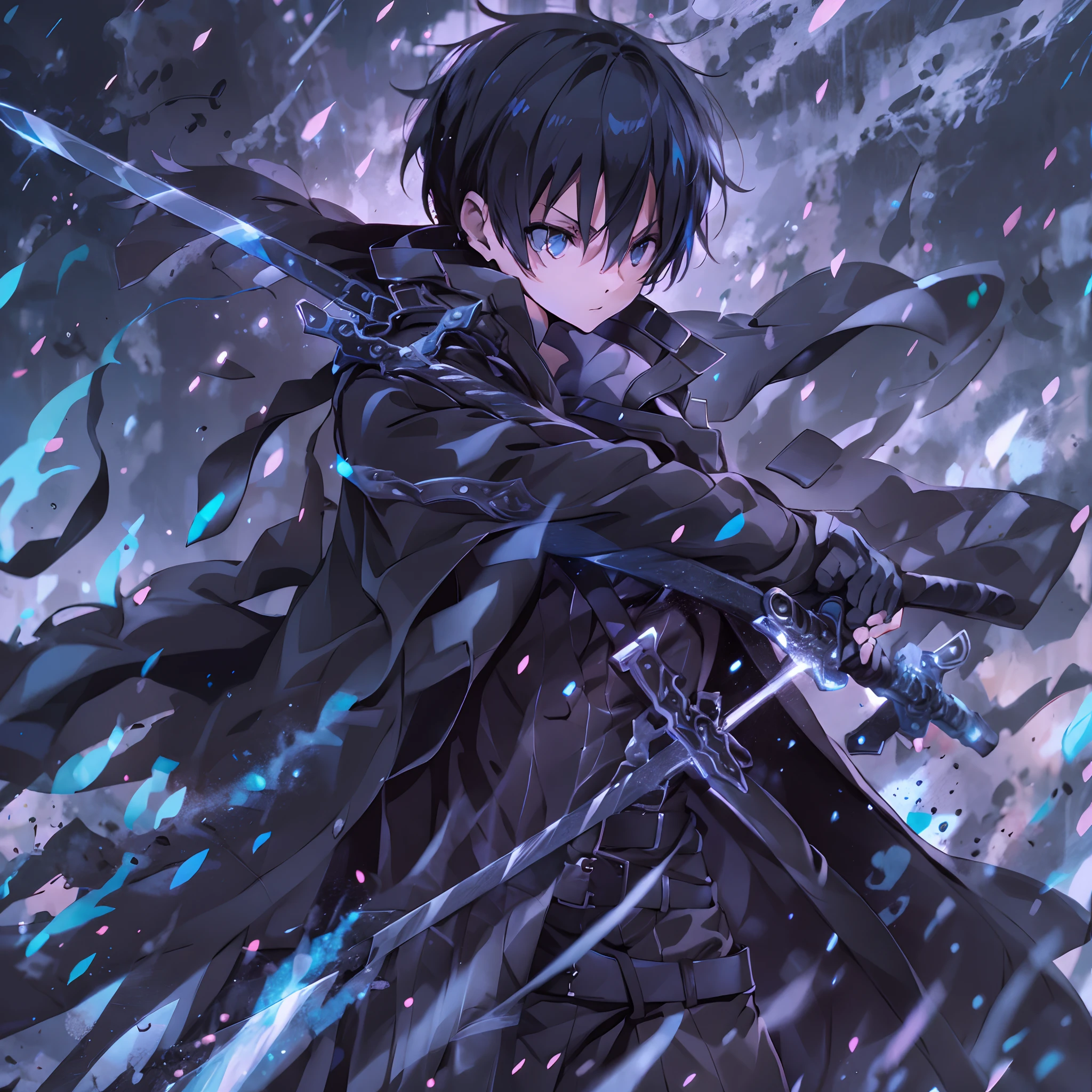 Kirito,1boy,solo,holding black and blue swords,dual weilding,black trenchcoat,black short messy hair,sword art online, raining, highest quality digital art, Stunning art, wallpaper 4k, absolutely stunning art,close up shot