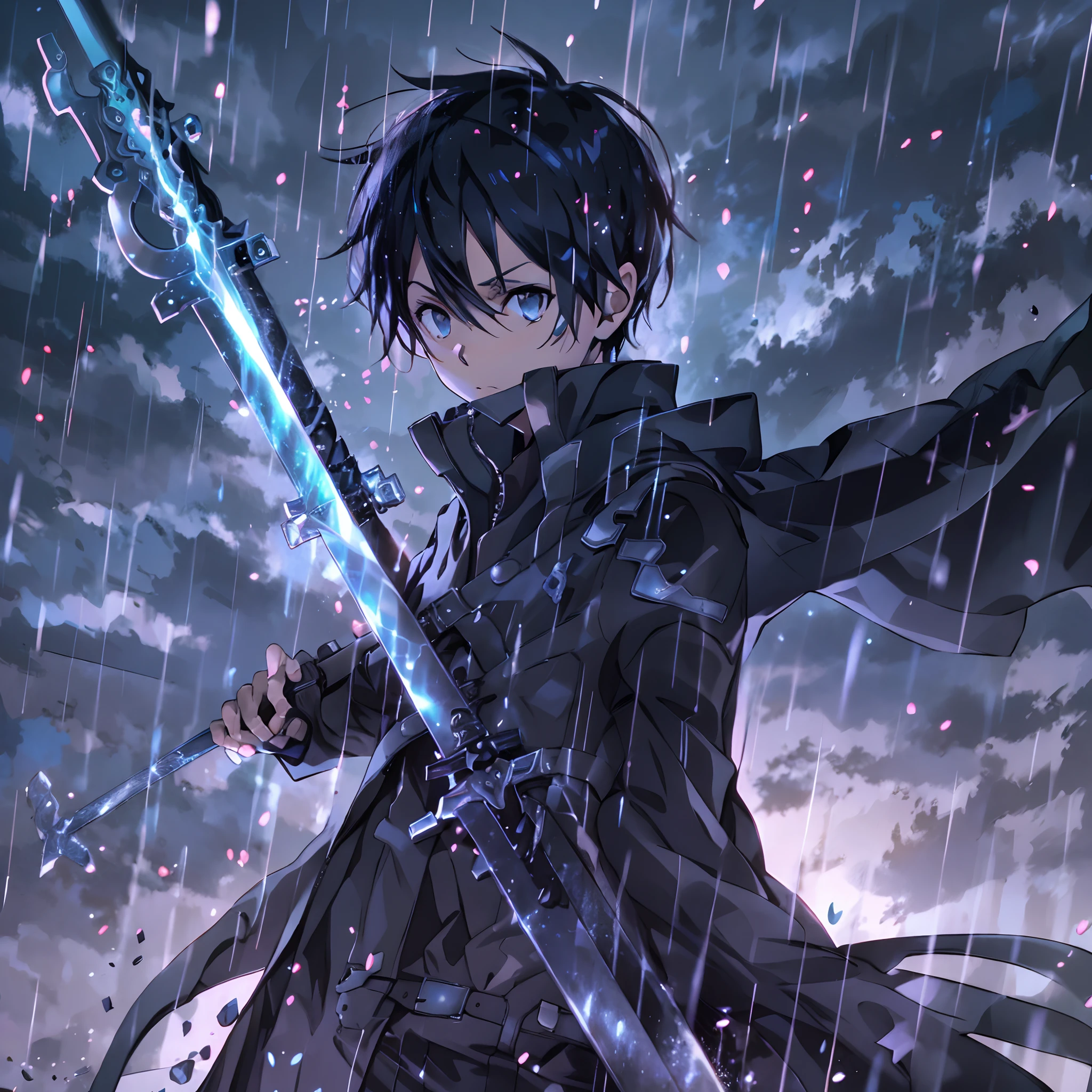 Kirito,1boy,solo,holding black and blue swords,dual weilding,black trenchcoat,black short messy hair,sword art online, raining, highest quality digital art, Stunning art, wallpaper 4k, absolutely stunning art,close up shot