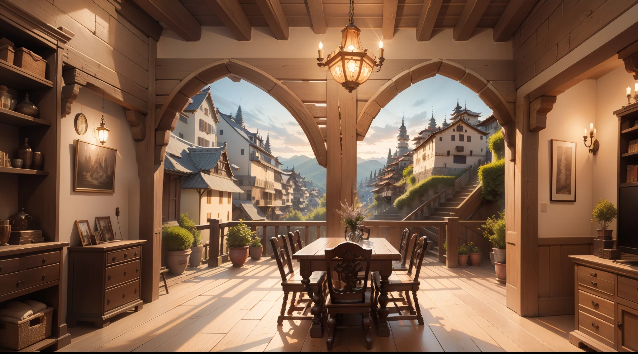 Buildings with wooden beams, Buttress, liang, Wooden support, interior view,、Ghibli、Made of stone and wood、hiquality、medieval times、spiraling staircase、stairway、Western style、Italian style、Salon