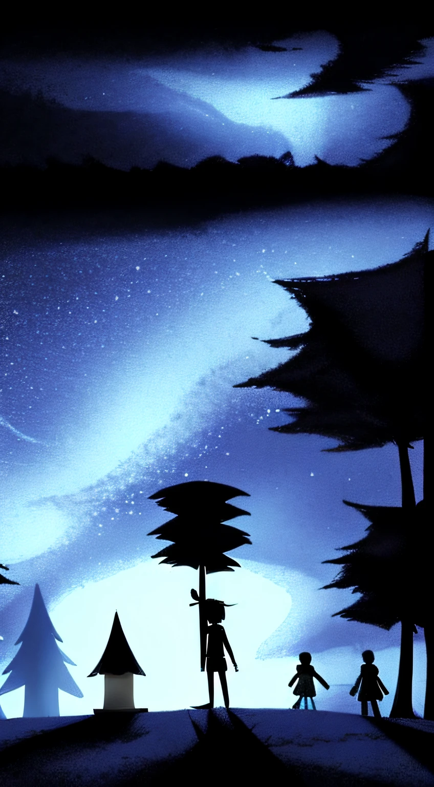 "Generate an illustration resembling the nocturnal atmosphere of 'Don't Starve',' representando um acampamento com cinco adolescentes."