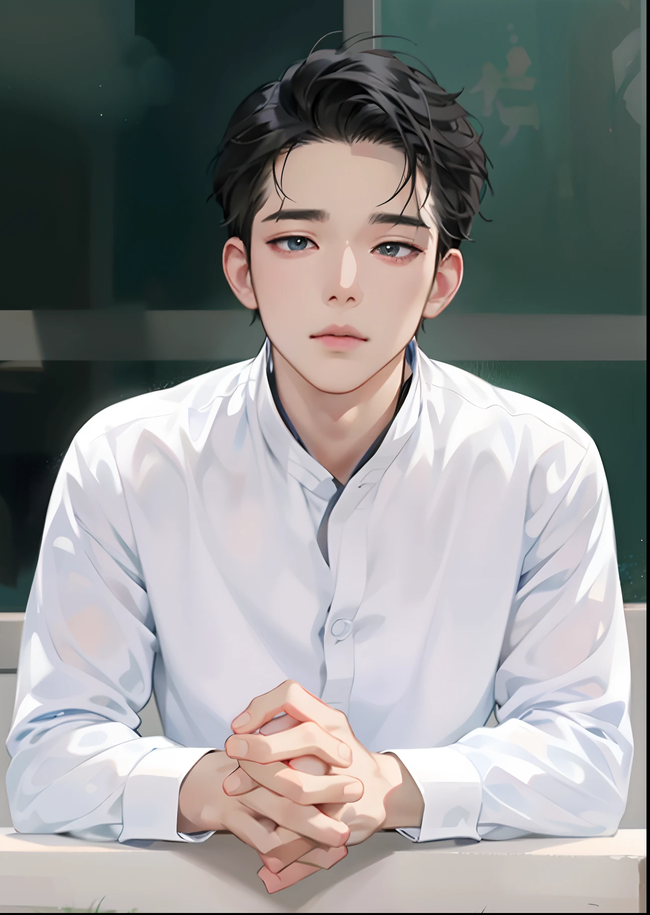 Close-up of a person sitting on a windowsill with his hands folded, Guviz-style artwork, made with anime painter studio, Guviz, Cai Xukun, anime realism style, realistic anime artstyle, drawn in anime painter studio, inspired by Yanjun Cheng, in an anime style, Anime handsome man, Inspired by Zhang Han, Anime realism