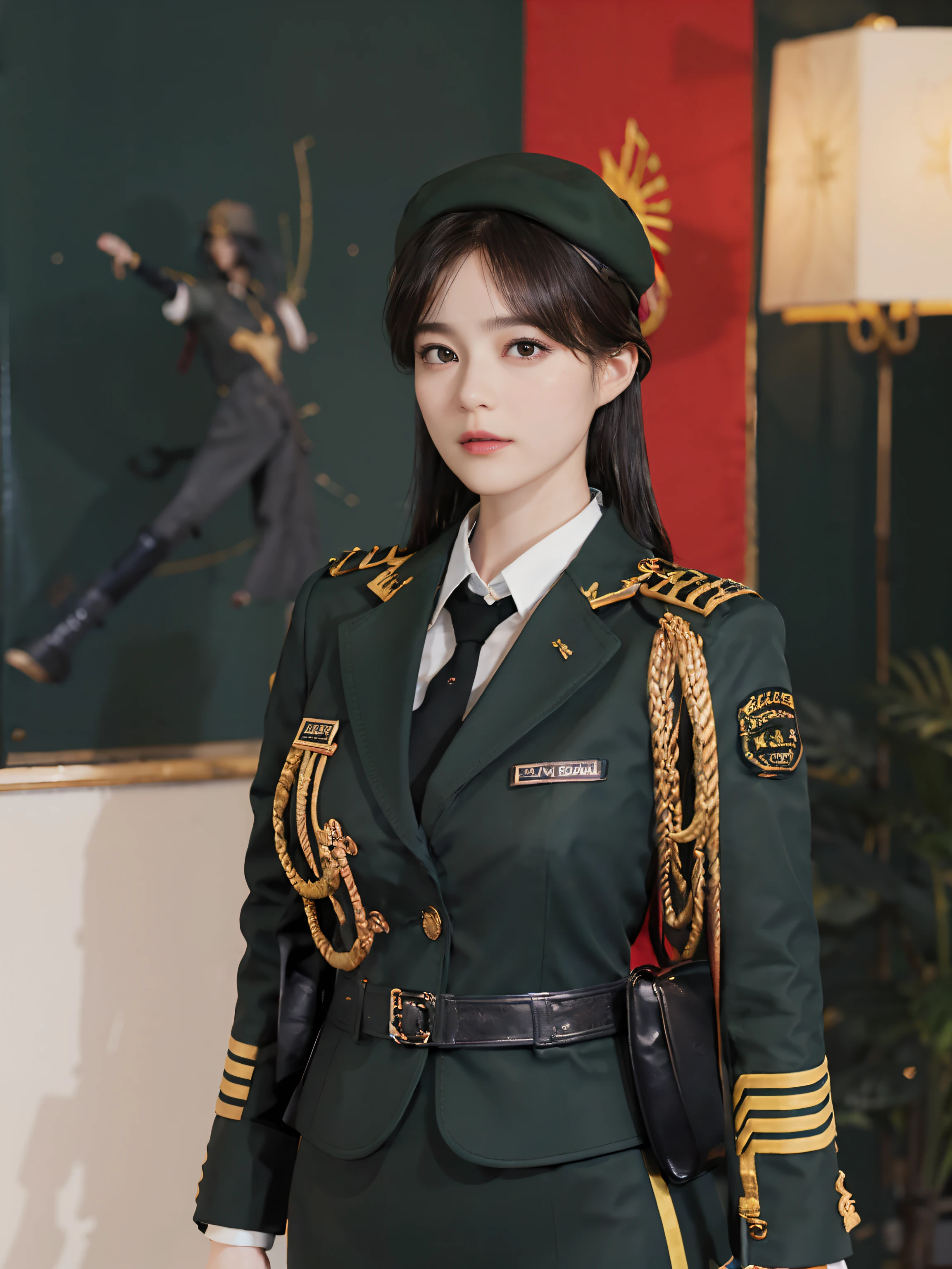 filmposter，Very detailed CG unity 8K wallpaper，（tmasterpiece），（best qualtiy），（ultra - detailed），（Ultra photo realsisim），（best character detail：1.36），Nikon D750 f / 1.4 55mm，profesional lighting， physically-based renderingt, 1girll, Female soldier，army suit，Dark green military uniform，Fabric texture military uniform，Pure white lining，Dark green tie，bucket-hat，Black hair，the golden ratio,[:(com rosto detalhado:1.2):0.2]:,PureErosFace_V1, broad shoulder,(Bigchest:1.5),(big assa:1.5)，Soaked with sweat，red flags，In the square，Splendid scenery，bright sun，upper body photos，Place your hands on your chest，  Small flags，Flag of China，Night Street，lighting，Contre-Jour，
