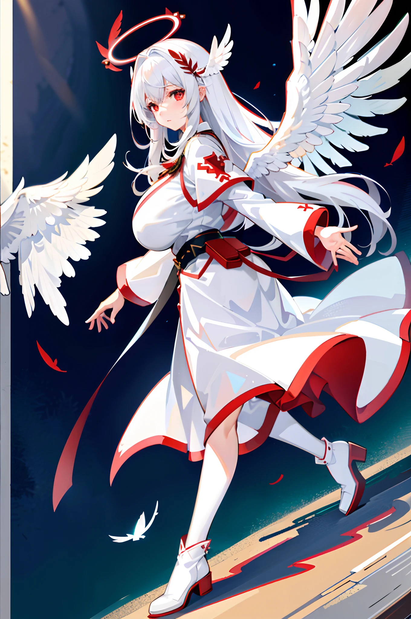 ((Red feather ornaments)), ((((Huge white wings)))), White cloak, White boots, (frontage),  Under the sunlight, (By the window), White hair, bangs, ahoge, Long hair, Halo, Red eyes, Blush, Blush, Light smile, High detail, anime big breast, Chiaroscuro, Ray tracing, shadowing, character sheets, first person perspective, 16k, hyper HD, Masterpiece, High quality, High details, Award-Awarded, Best quality, ccurate, Anatomically correct，correct hand，5 fingers，Dull hair