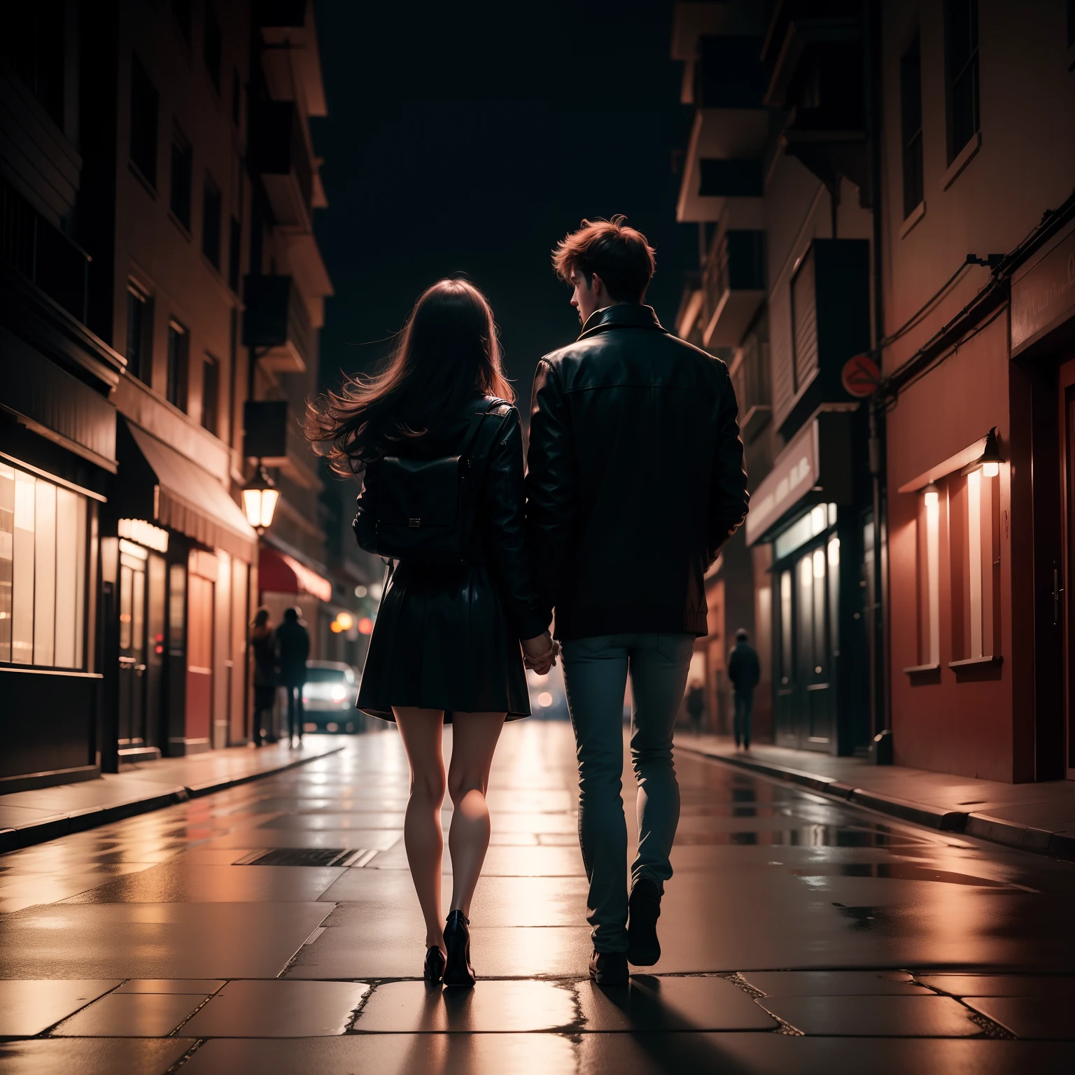 Best quality,two lover go lonely toward long way,so far,dark street background,slight light, beautiful view at dark night,with slight light,4k,