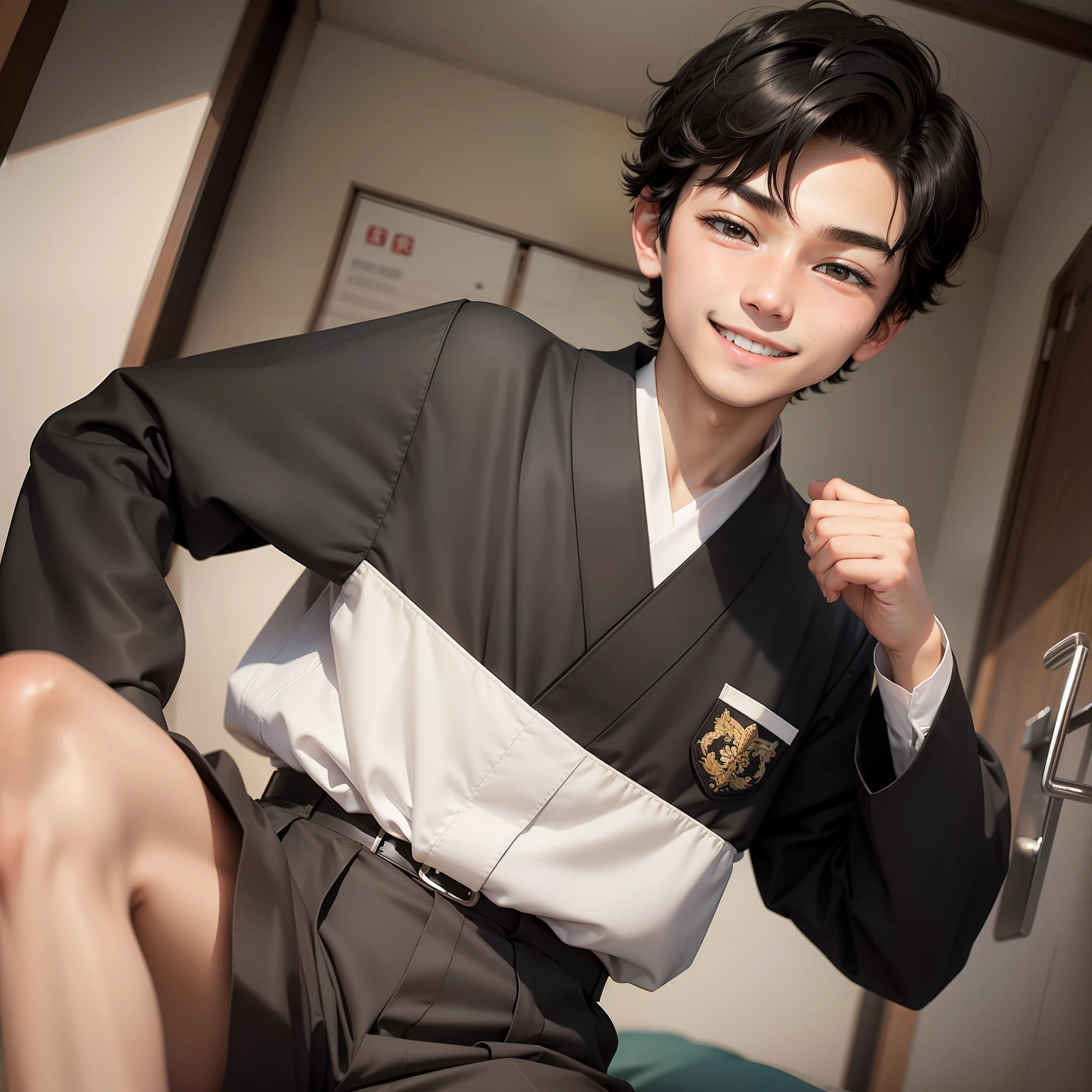 16-year-old boy with short black hair,Wear a Japanese-style school uniform,Height 180,Have a smile on your face。