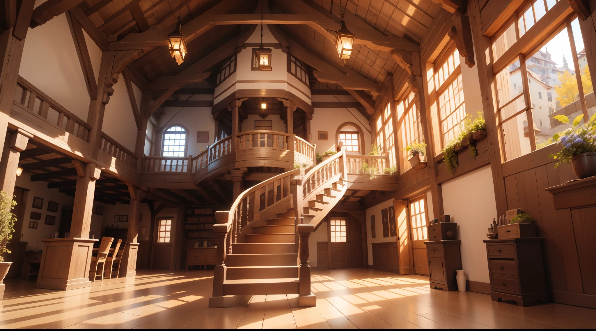 Buildings with wooden beams, Buttress, liang, Wooden support, interior view,、Ghibli、Made of stone and wood、hiquality、medieval times、spiraling staircase、stairway、Western style、Italian style、Salon