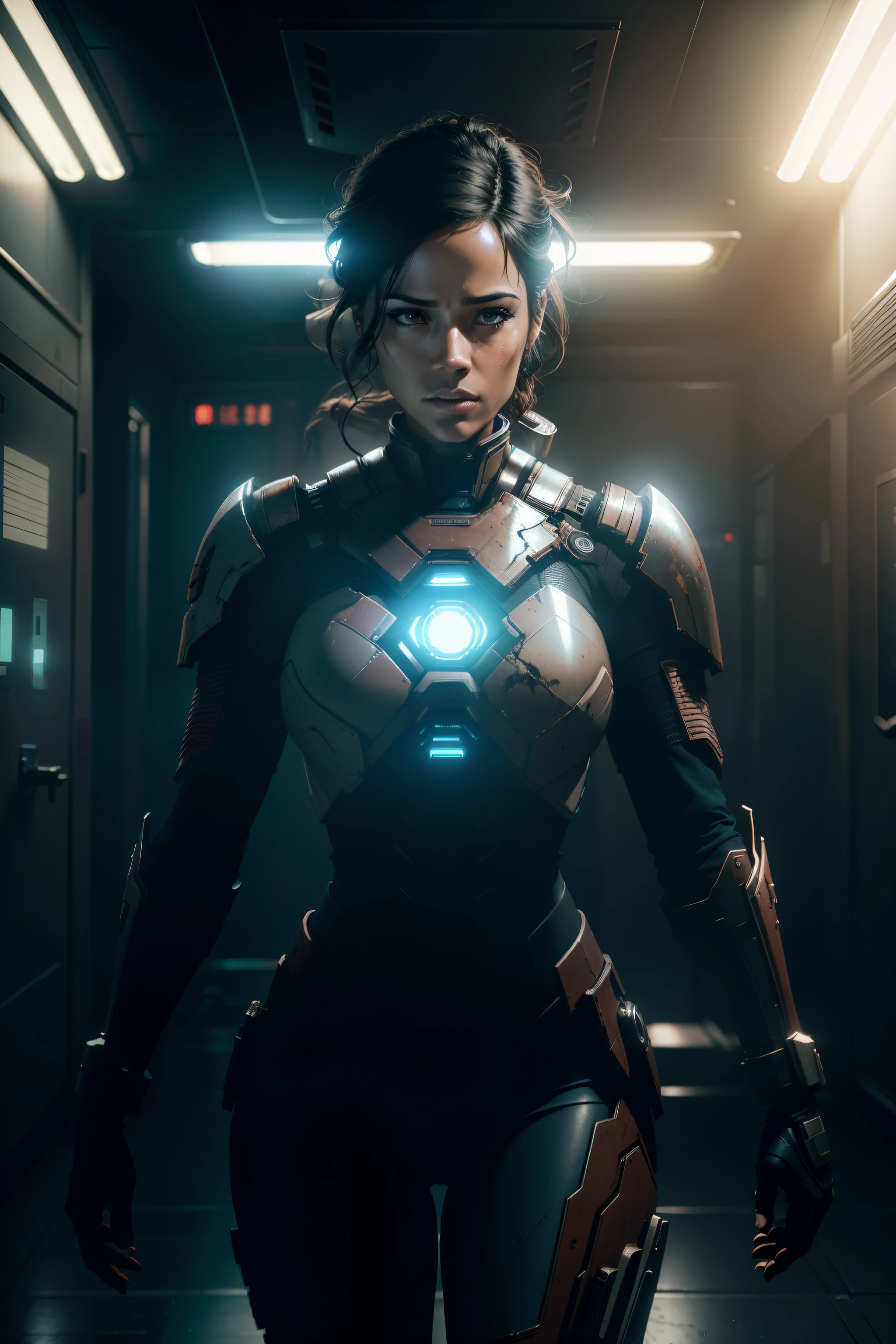 Sci Fi Horror Dead Space Paula patton scientist Ishimura Haunted Ship photography, natural light, photorealism, cinematic rendering, ray tracing, the highest quality, the highest detail, Cinematic, Third-Person View, Blur Effect, Long Exposure, 8K, Ultra-HD, Natural Lighting, Moody Lighting, Cinematic Lighting